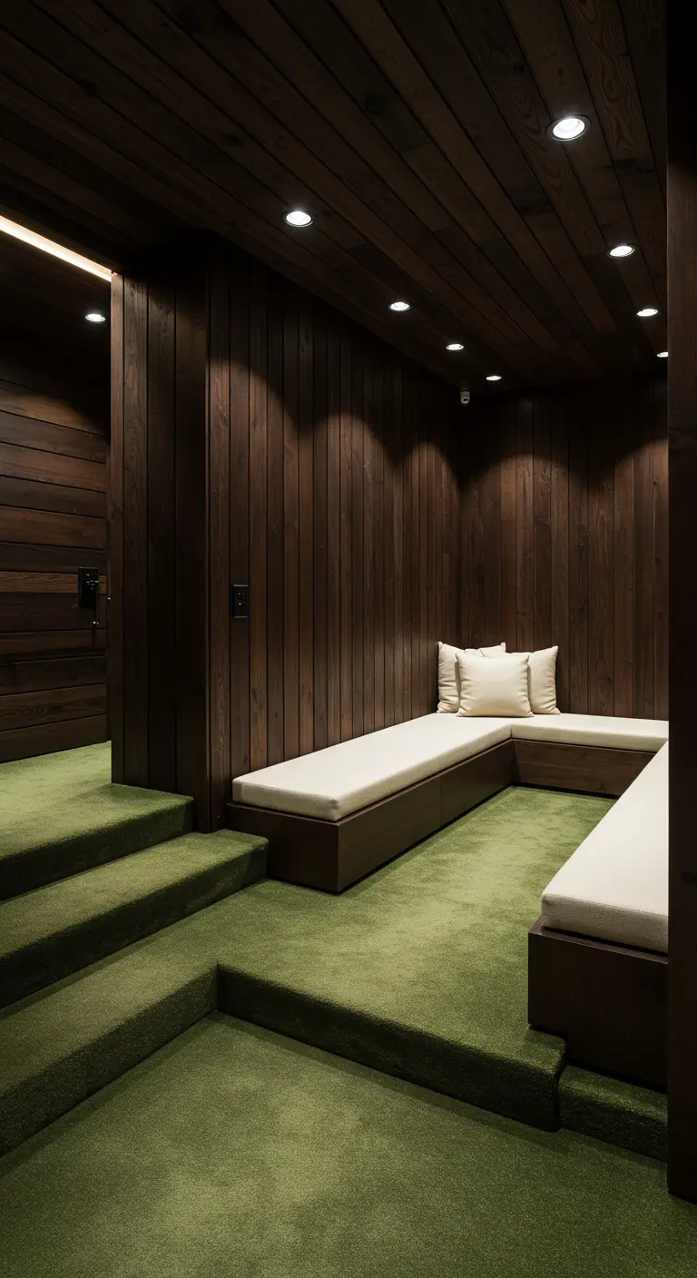 Ingresso con pareti in legno scuro e moquette verde che copre gradini e sedute integrate.