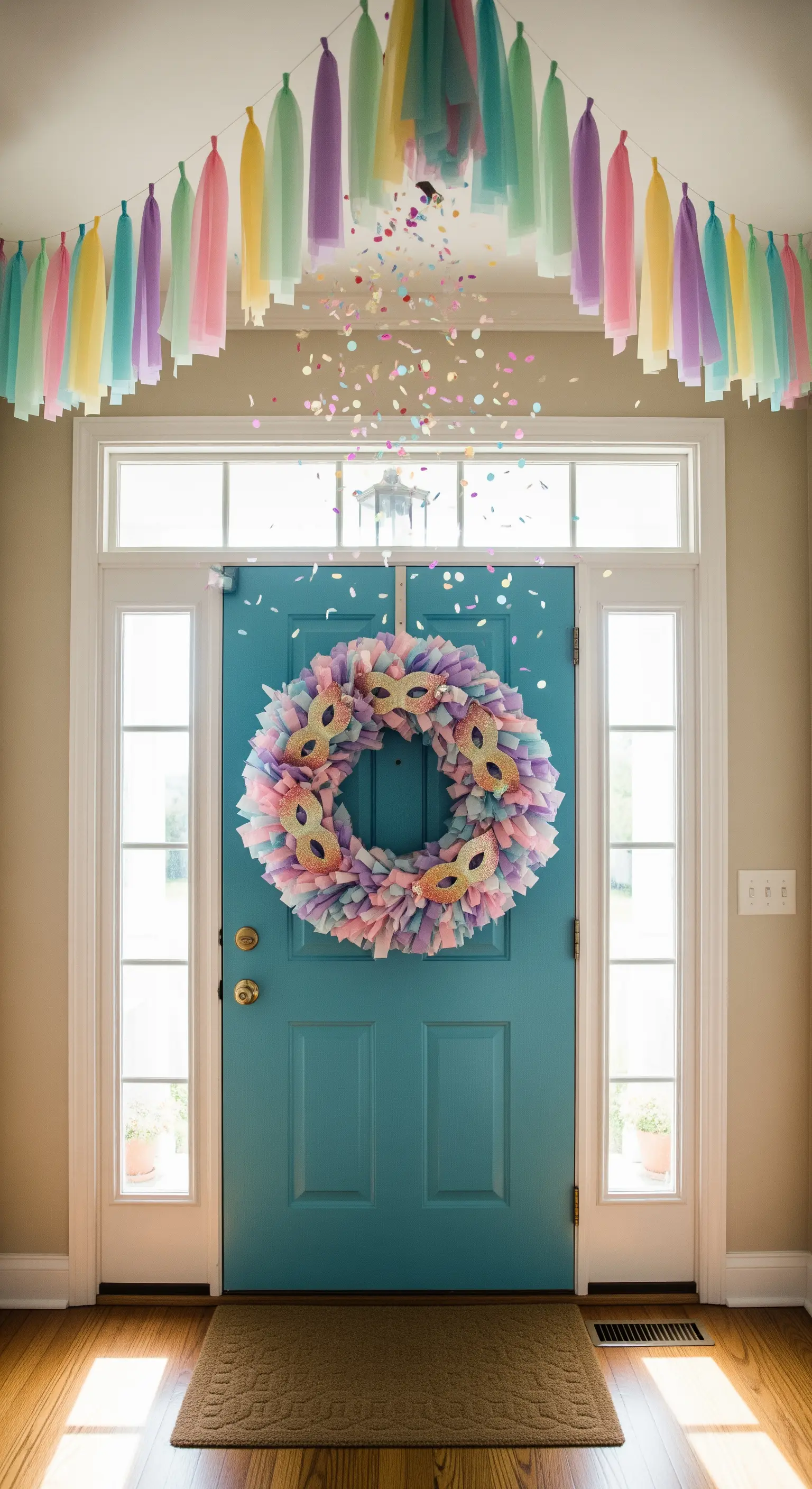 Porta d'ingresso con ghirlanda di Carnevale colorata e festoni pastello.
