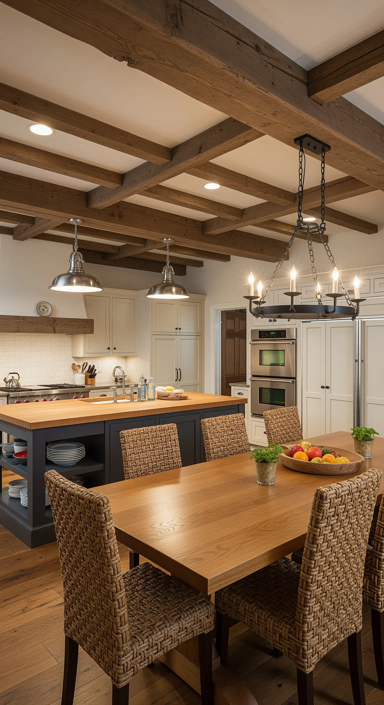 Cucina in stile country con grande isola centrale scura e sedie in rattan.