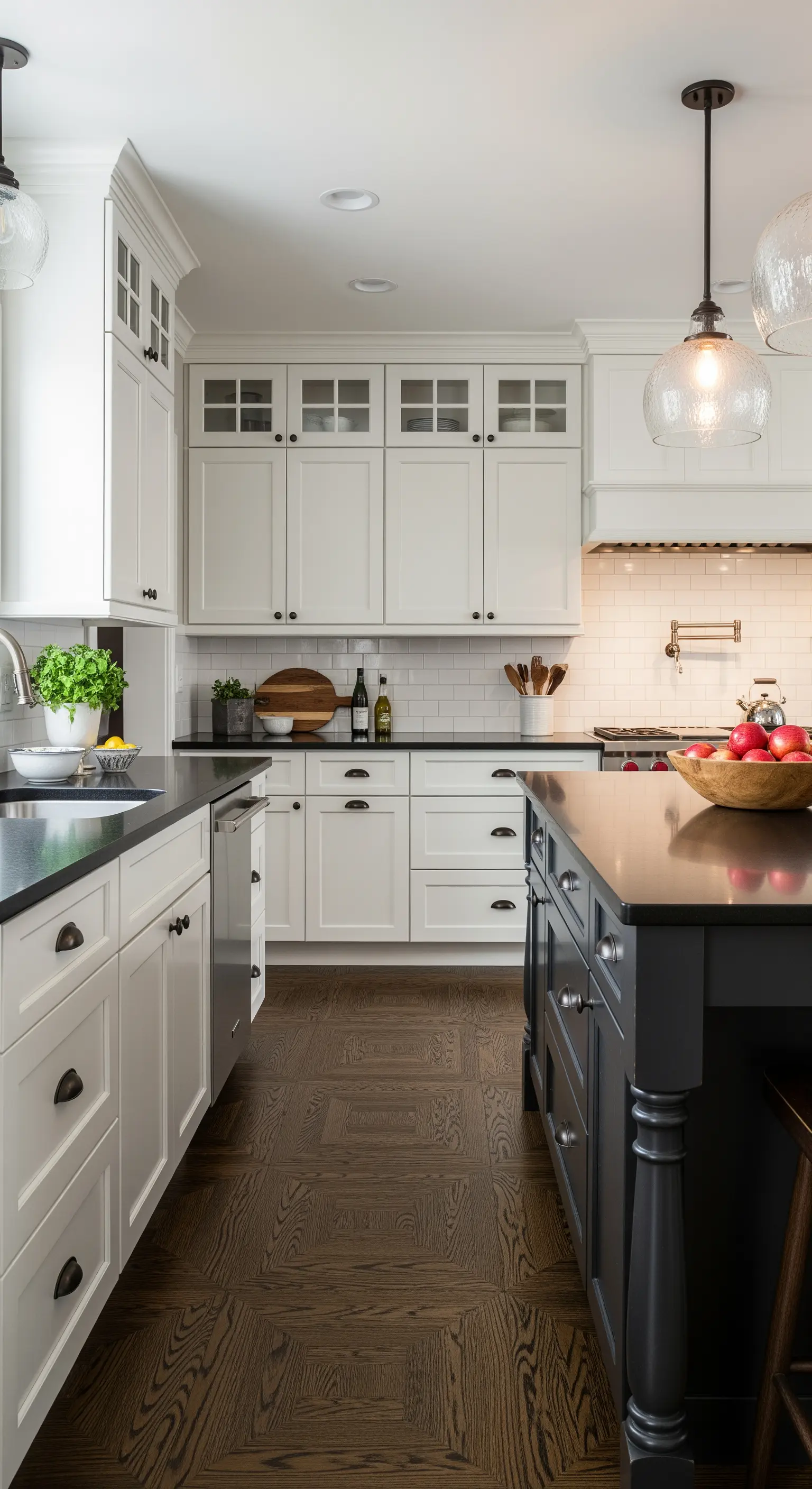 Cucina bianca con isola grigio scuro, parquet a quadri e maniglie nere a contrasto.