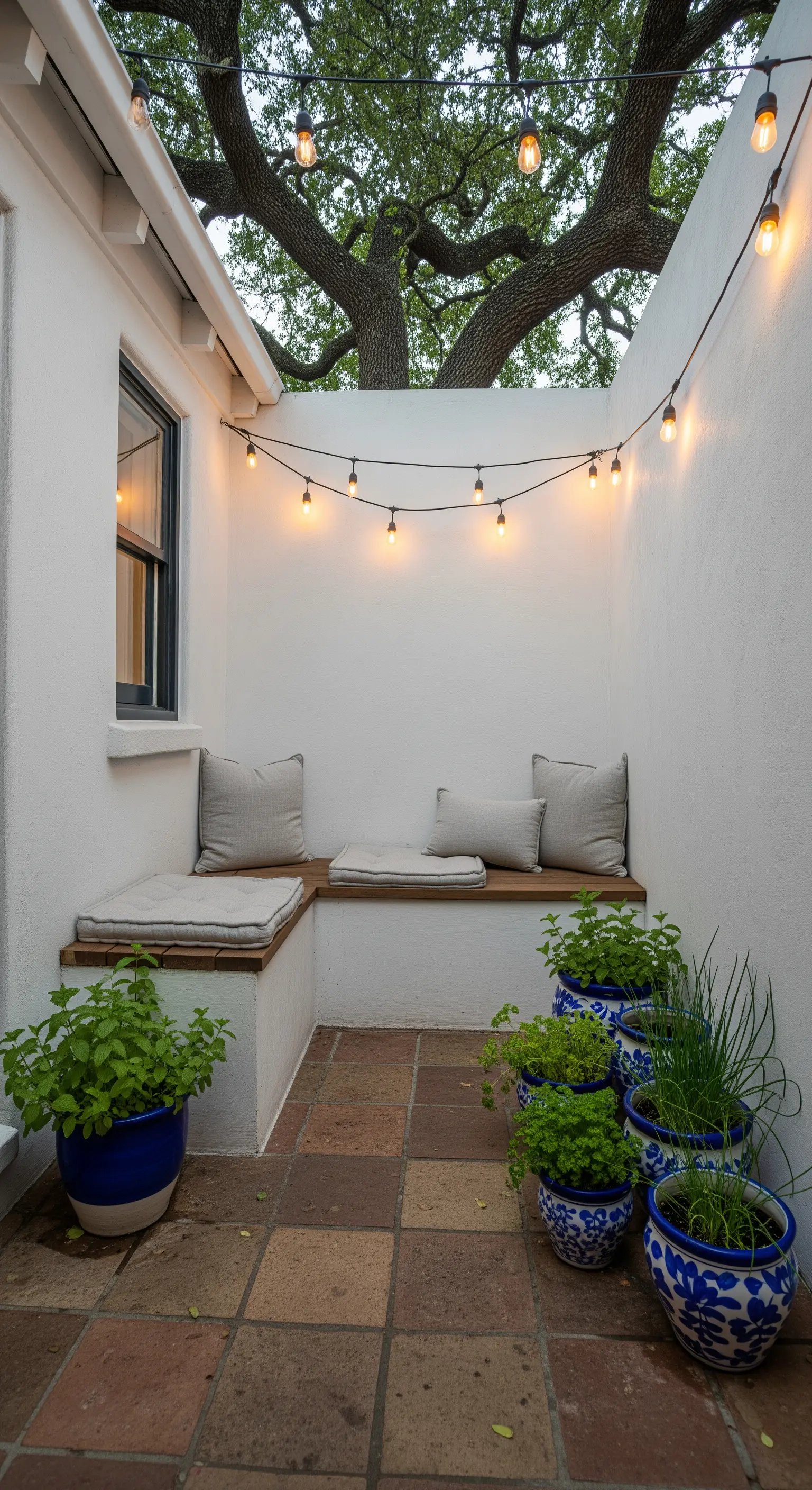Piccolo patio con panca angolare in muratura, luci a filo e vasi blu con erbe aromatiche.