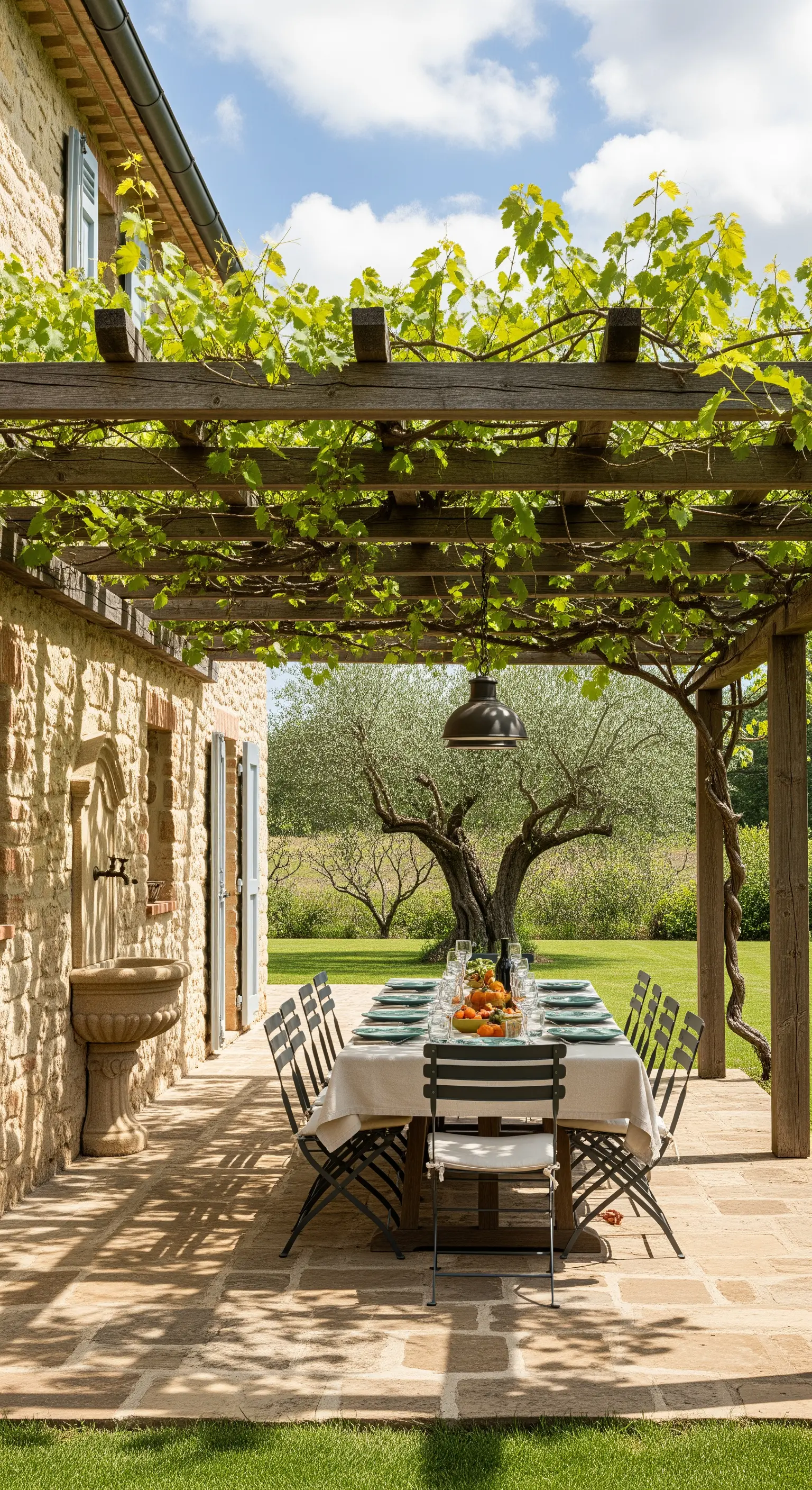 Tavolo da pranzo sotto una pergola in legno ricoperta di vite, accanto a una casa in pietra.