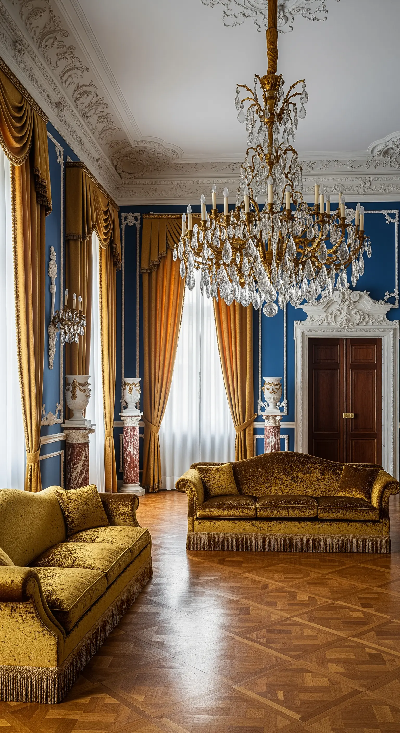 Salone reale con pareti blu, divani damascati dorati e un imponente lampadario di cristallo.