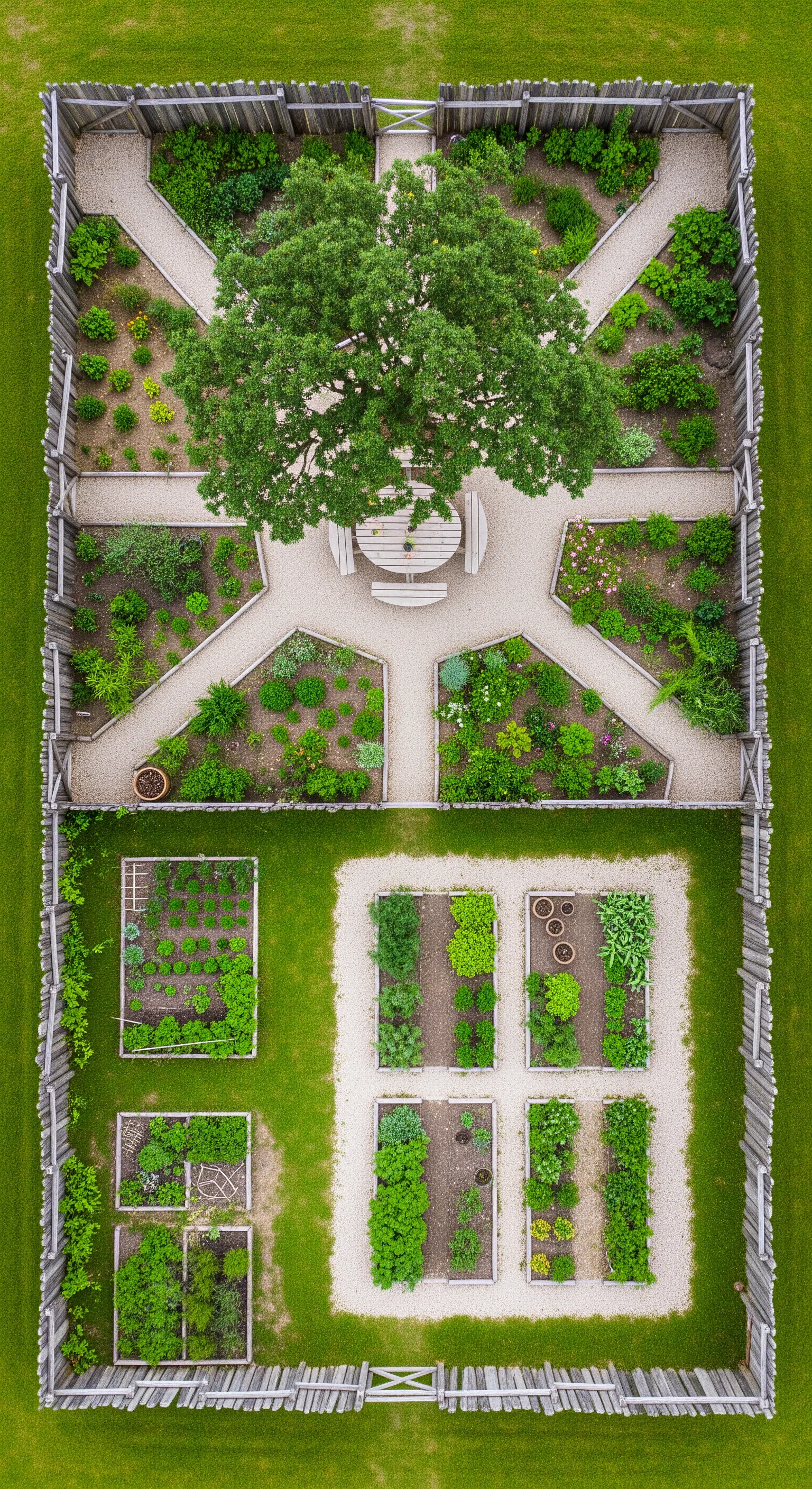 Vista aerea di un giardino formale con aiuole simmetriche, percorsi di ghiaia e un albero al centro.