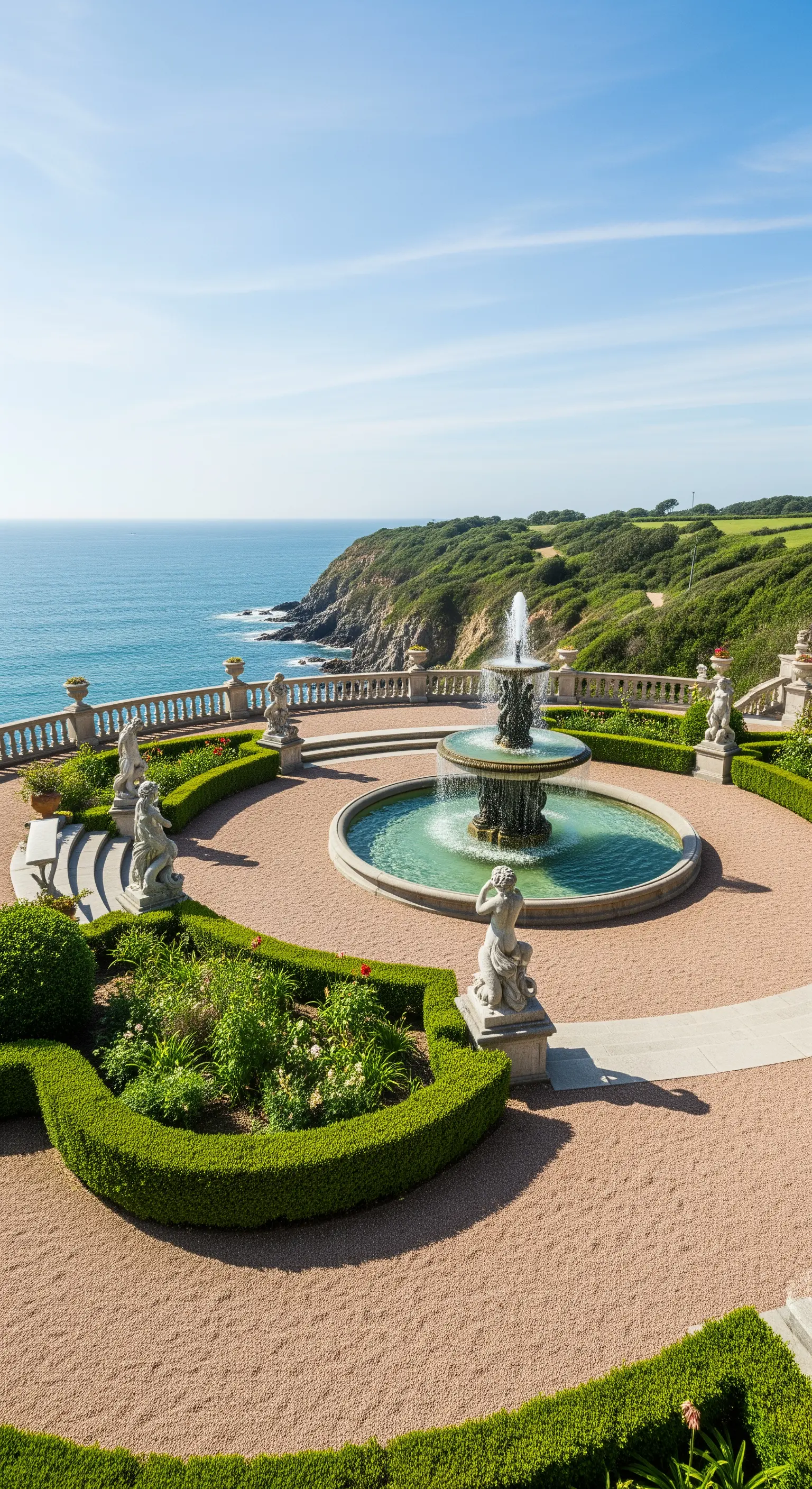 Giardino classico con fontana e statue su una scogliera affacciata sul mare.
