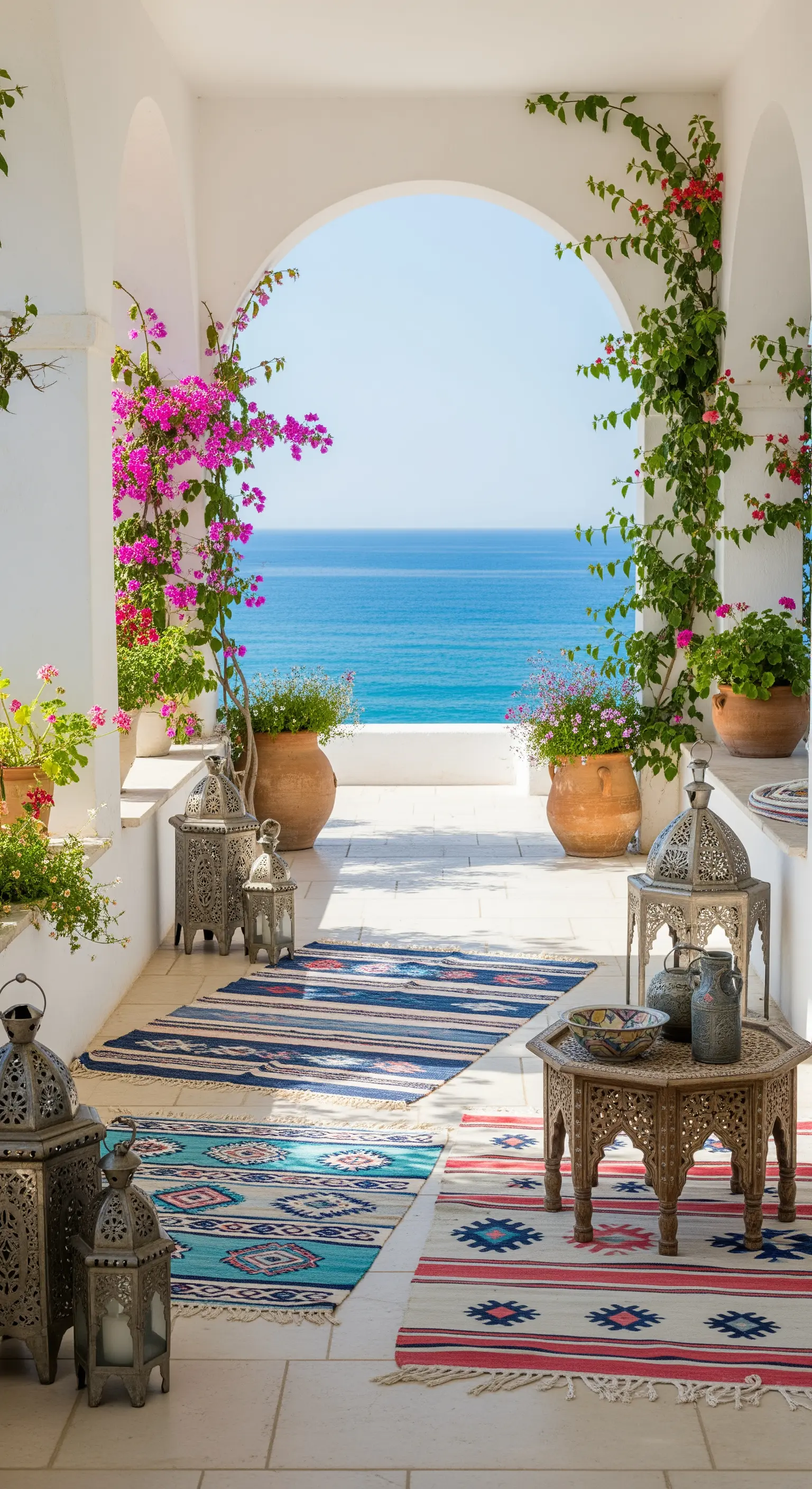 Portico mediterraneo con archi bianchi, tappeti blu e vista sul mare.