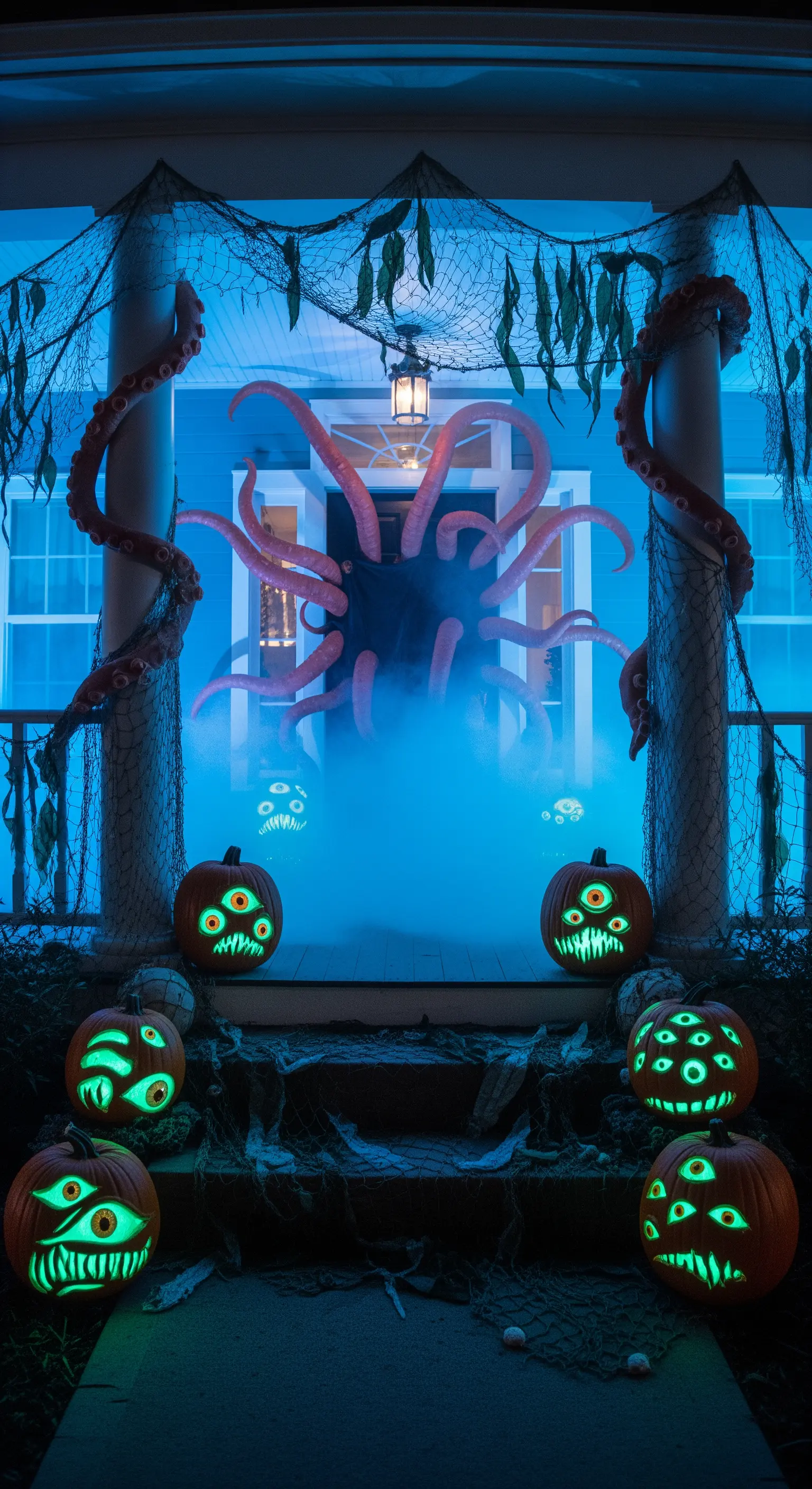 Una creatura con tentacoli emerge dalla porta di casa, avvolta da nebbia blu e zucche con occhi.