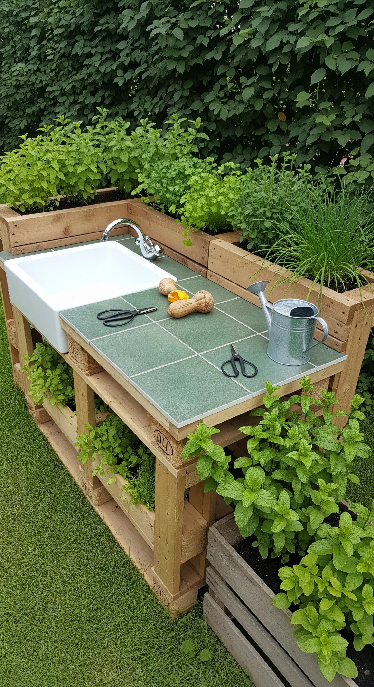 Banco da lavoro in pallet con lavello, piano piastrellato verde e fioriere laterali per erbe aromatiche.