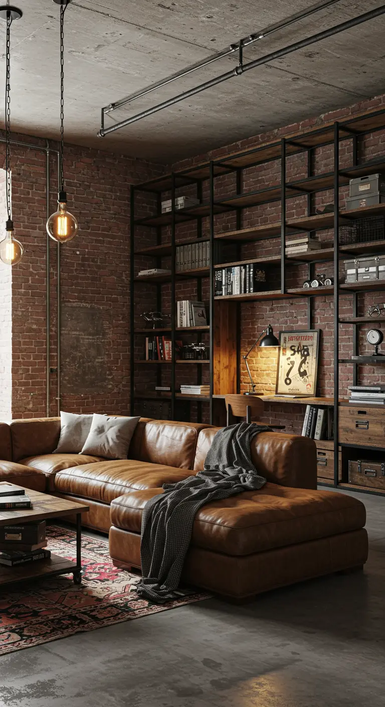 Scrivania in legno integrata in una libreria industriale a tutta parete.