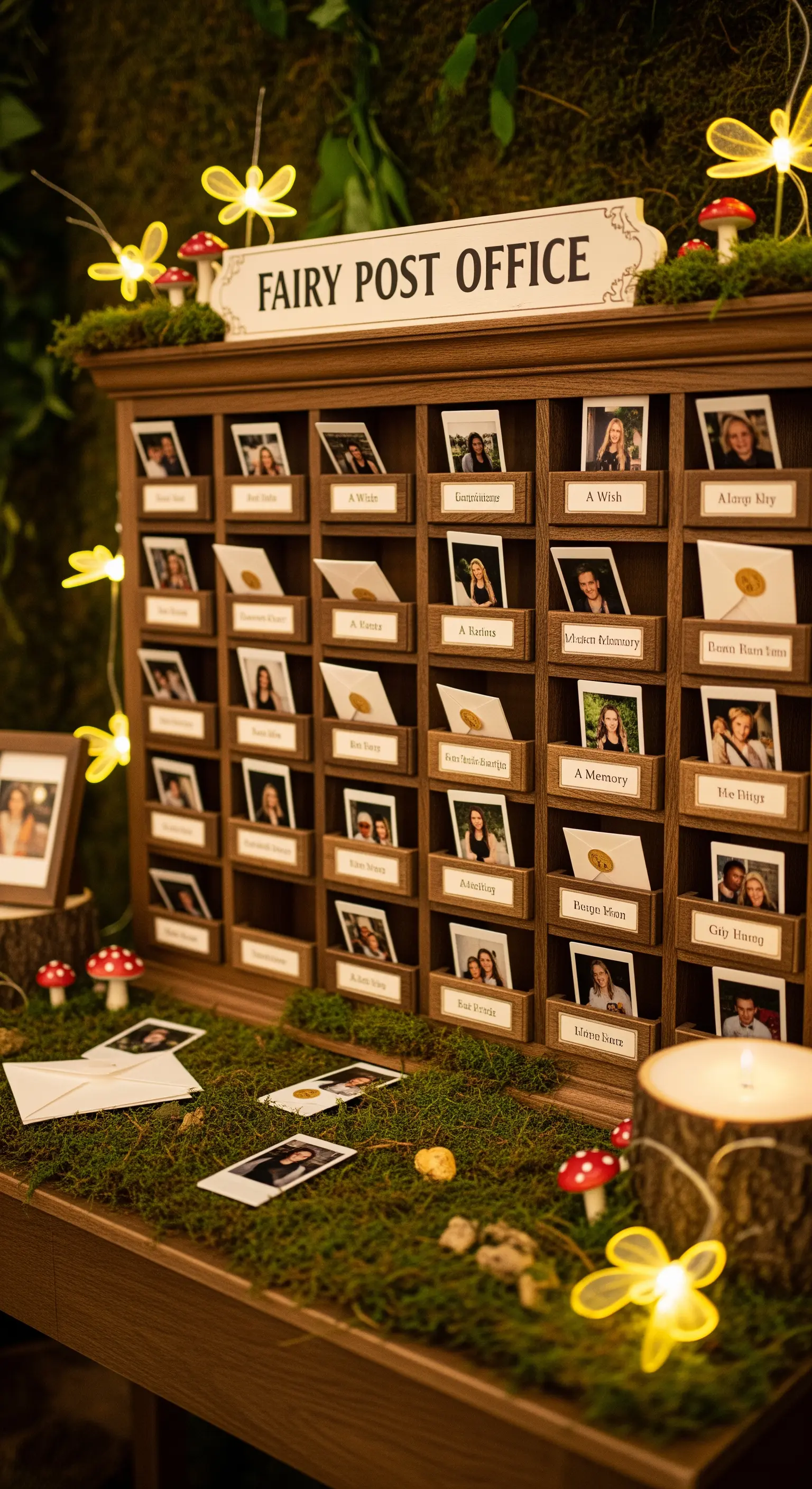 Schedario in legno con cassettini etichettati, usato come guestbook a tema bosco incantato.