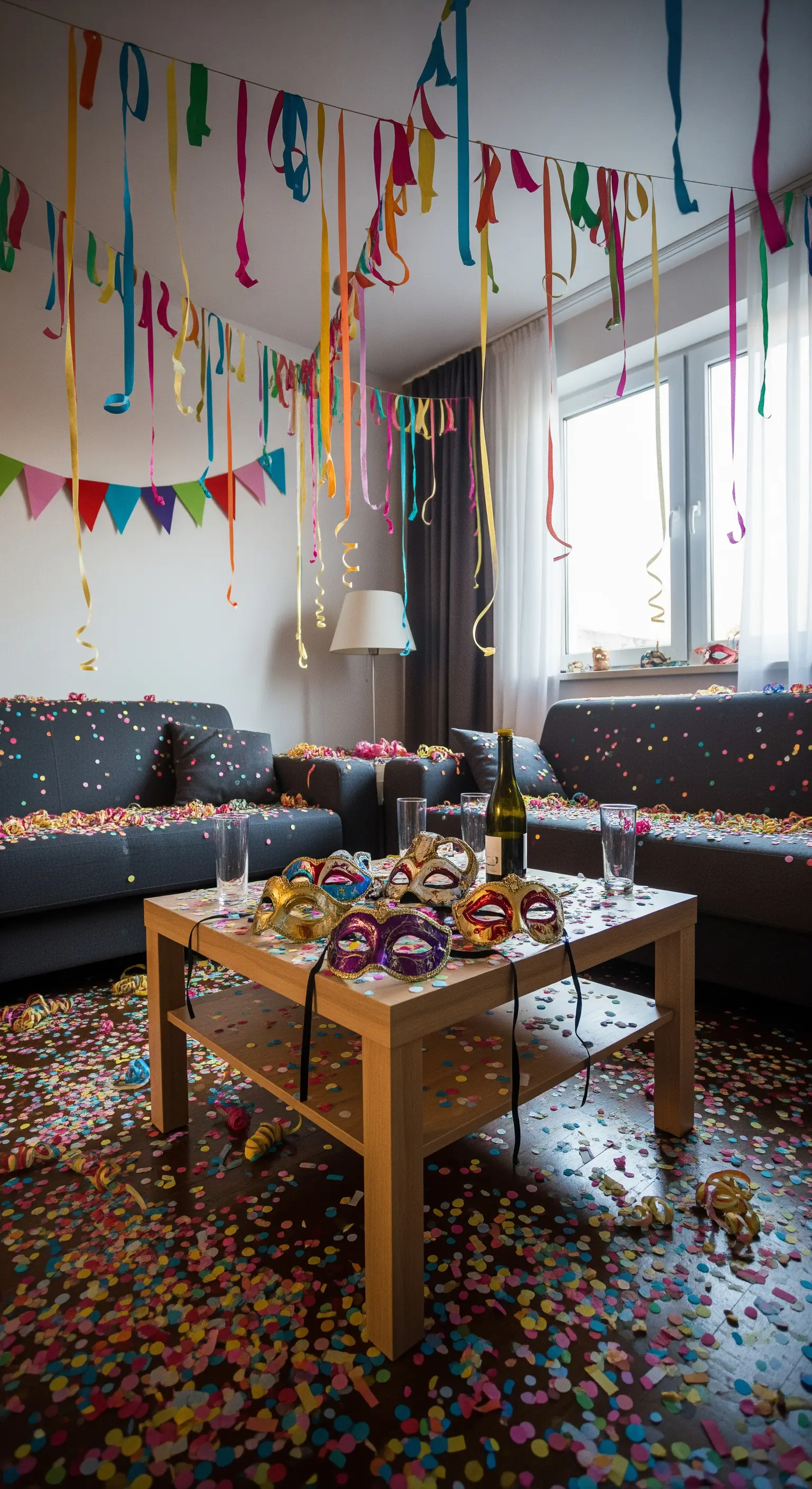 Soggiorno dopo una festa di Carnevale, pieno di coriandoli e stelle filanti.