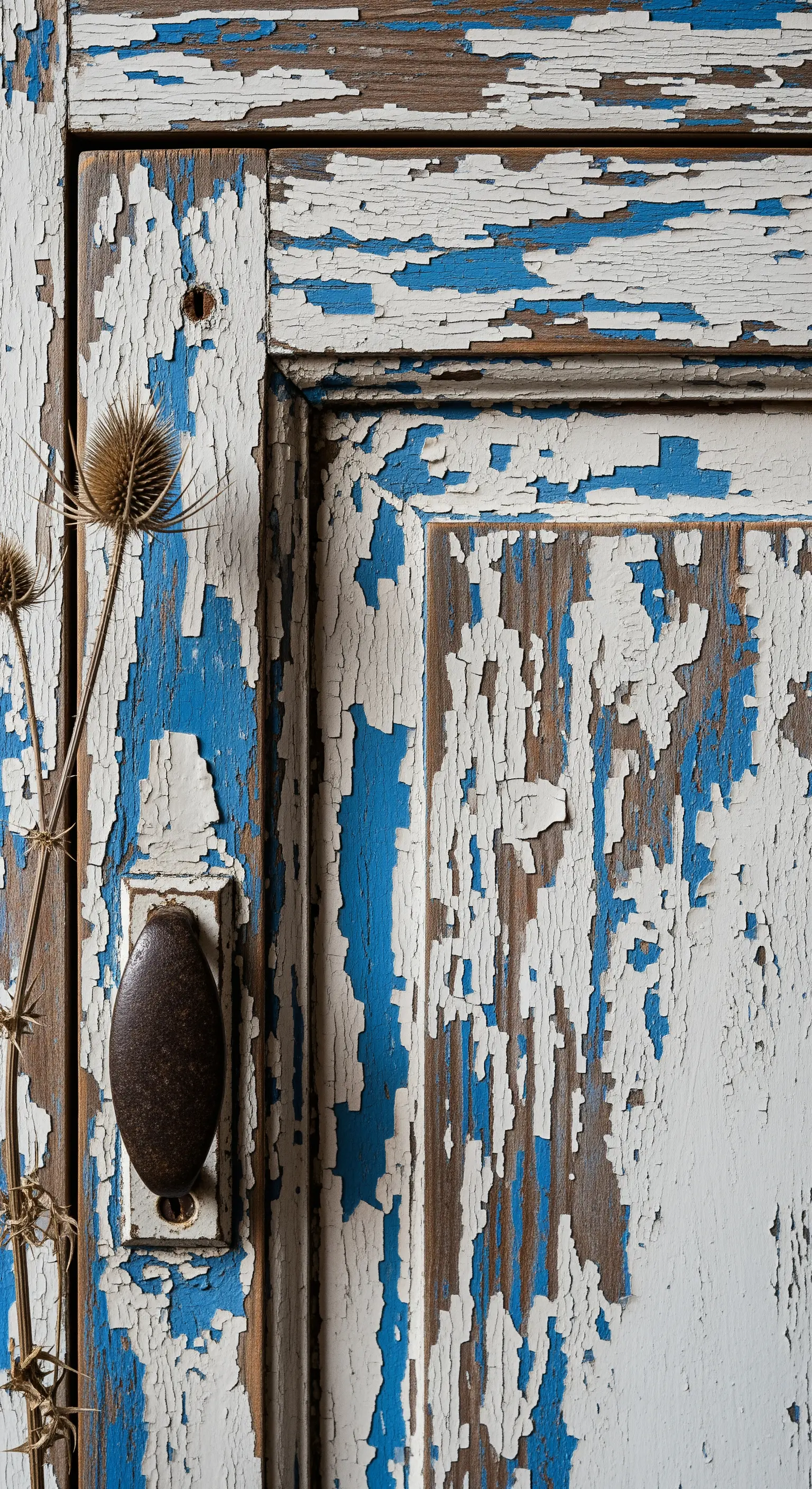 Dettaglio di una porta in legno con strati di vernice bianca e blu scrostata.
