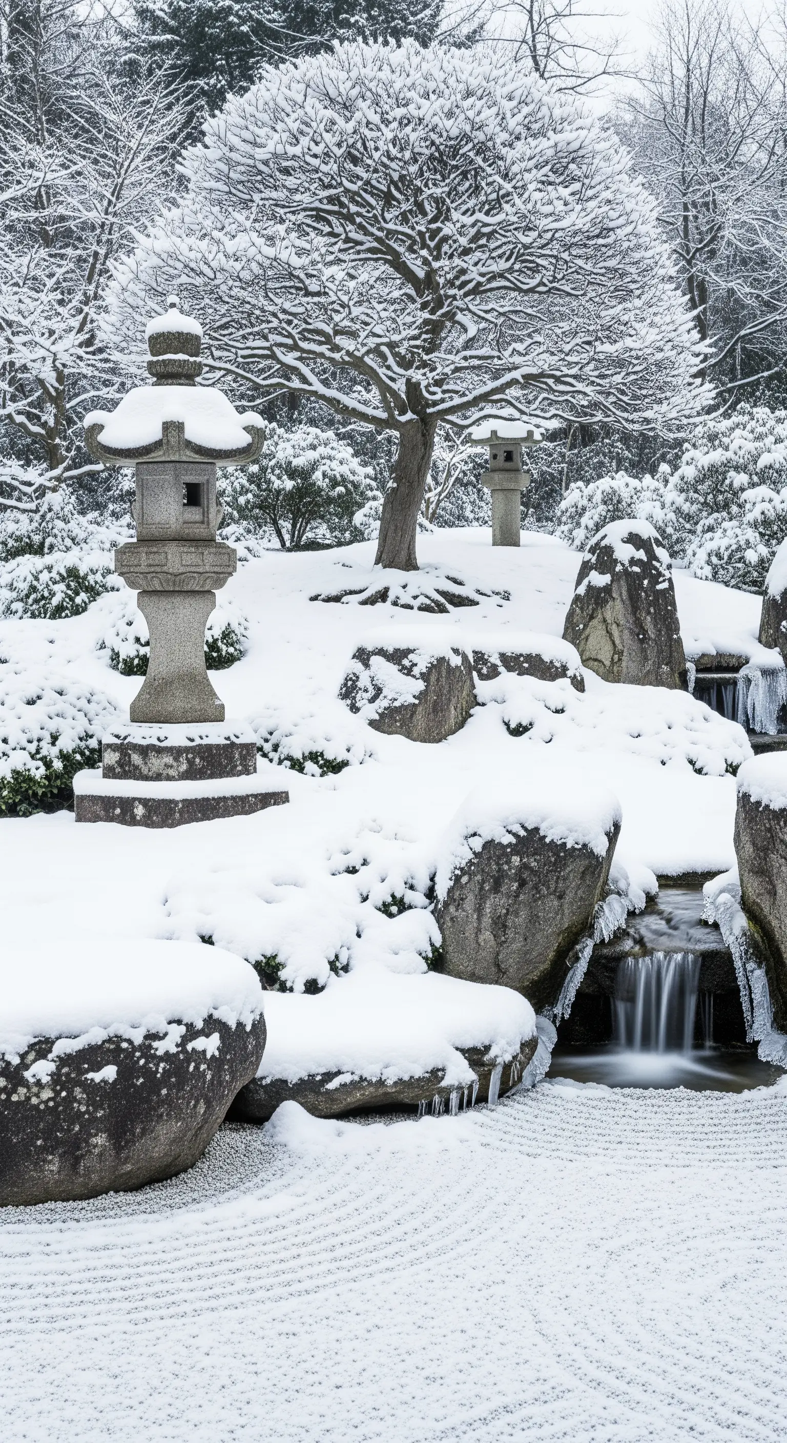 Giardino zen giapponese coperto di neve, con lanterna di pietra e cascata ghiacciata
