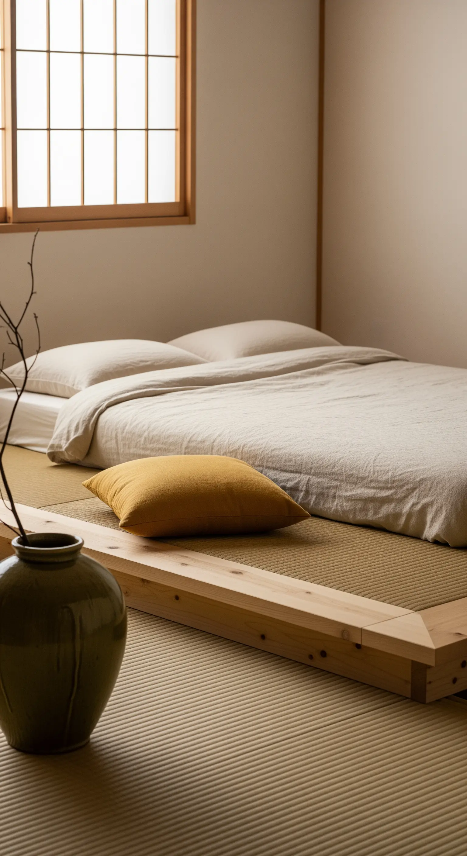 Camera da letto in stile giapponese con letto basso su tatami e cuscino senape.