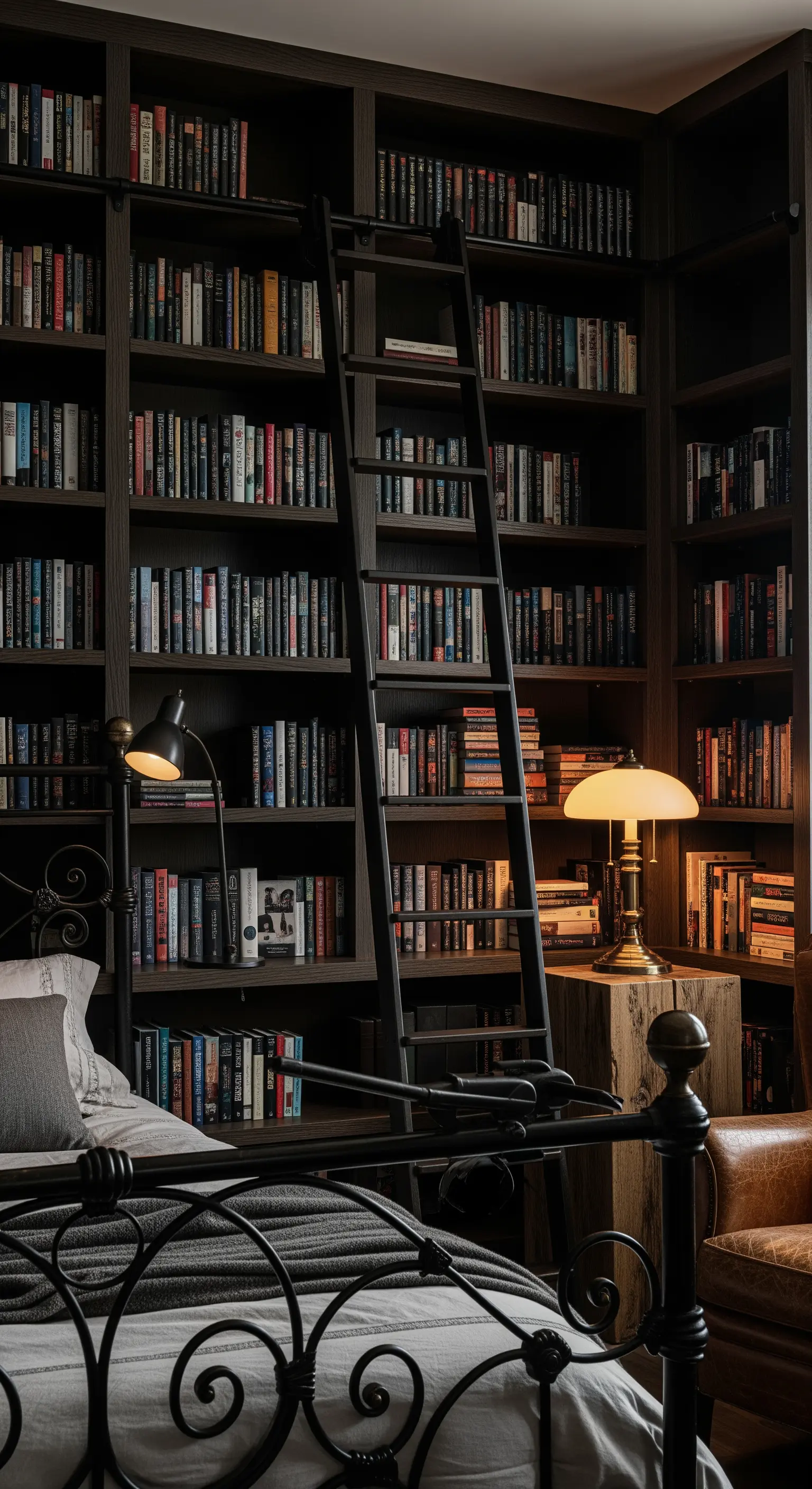 Camera da letto-biblioteca con pareti di librerie in legno scuro e una scala nera scorrevole.