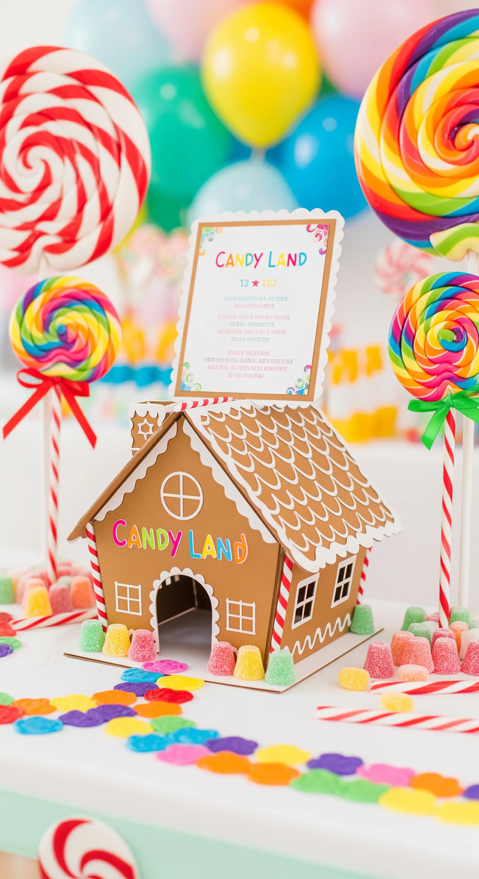 Invito a tema Candy Land dentro una casetta di pan di zenzero, circondata da lecca-lecca colorati.