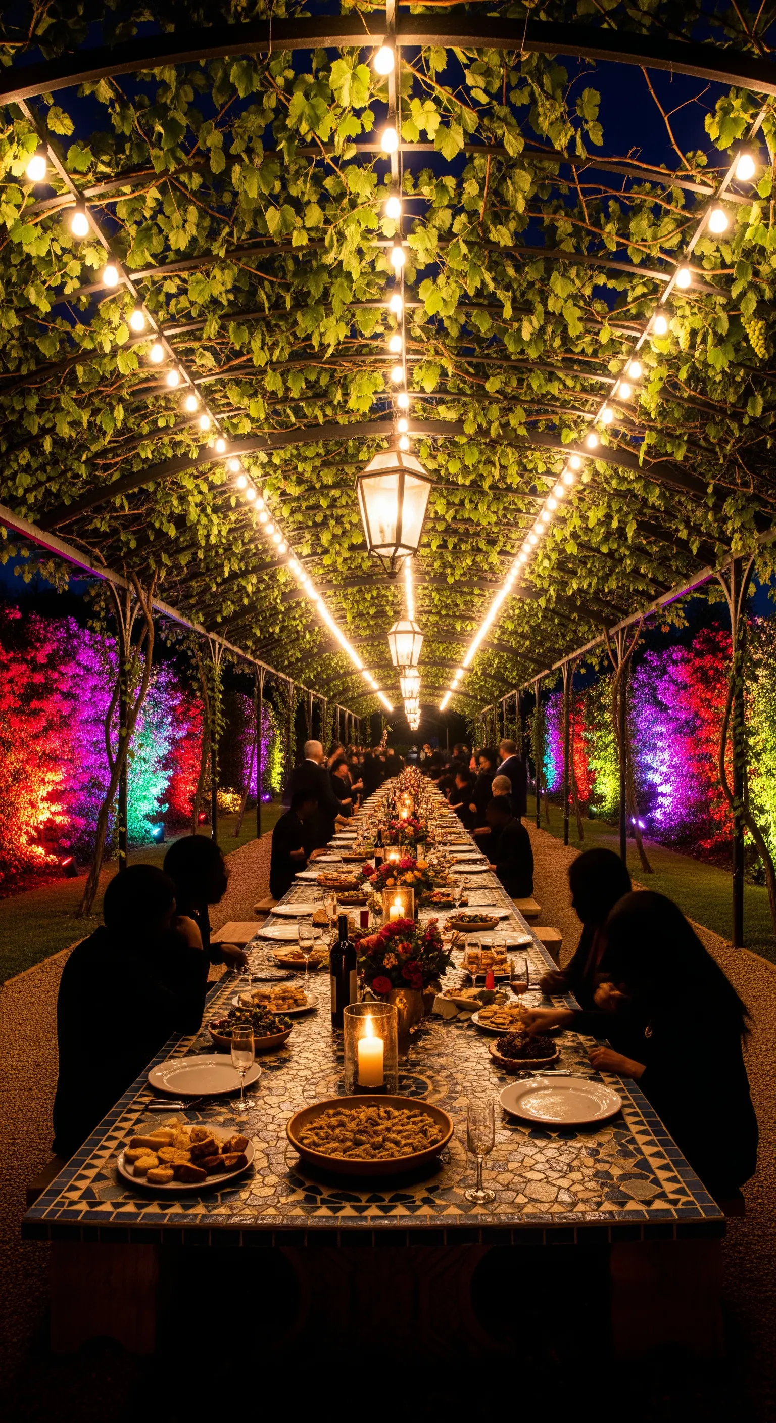 Lunga tavolata per una cena notturna sotto un pergolato illuminato da lucine.