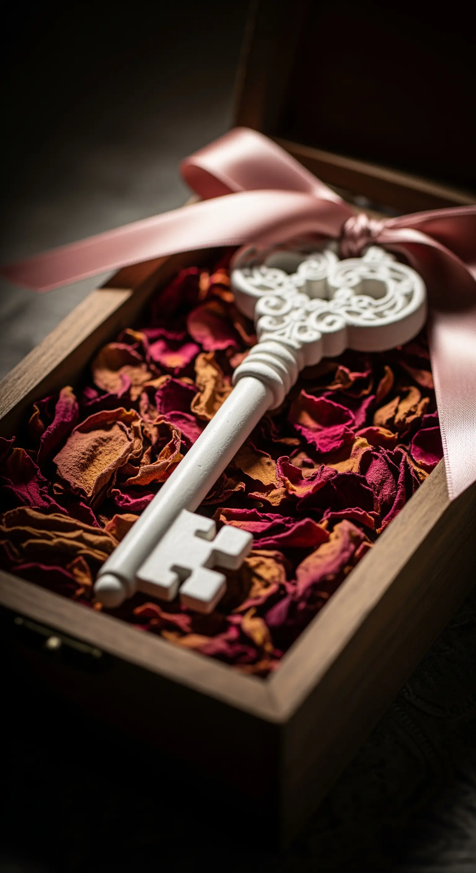 Chiave ornamentale bianca adagiata su petali di rosa essiccati in una scatola di legno.