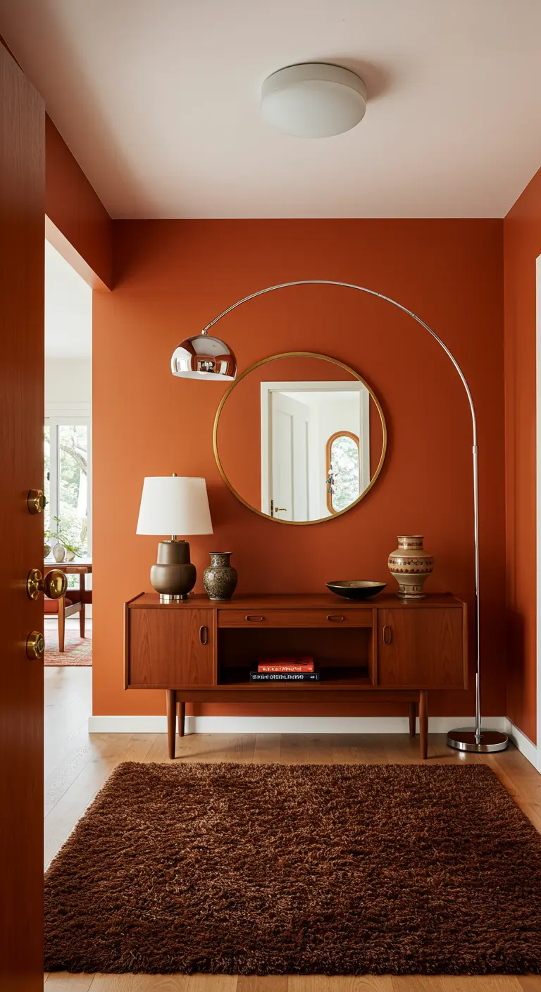 Ingresso anni '70 con parete arancione, credenza in teak e lampada ad arco.