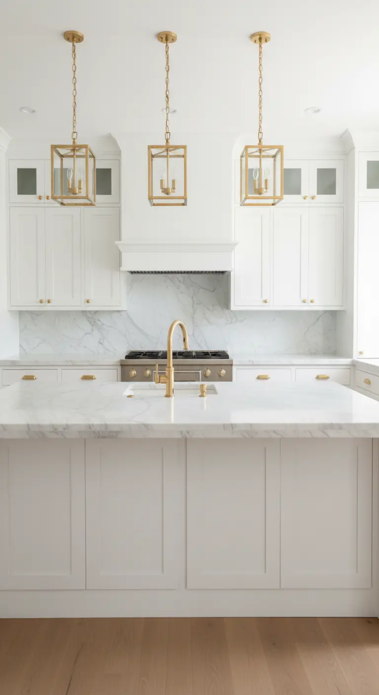 Cucina total white con isola in marmo e dettagli coordinati in ottone: lampade, rubinetto, maniglie.