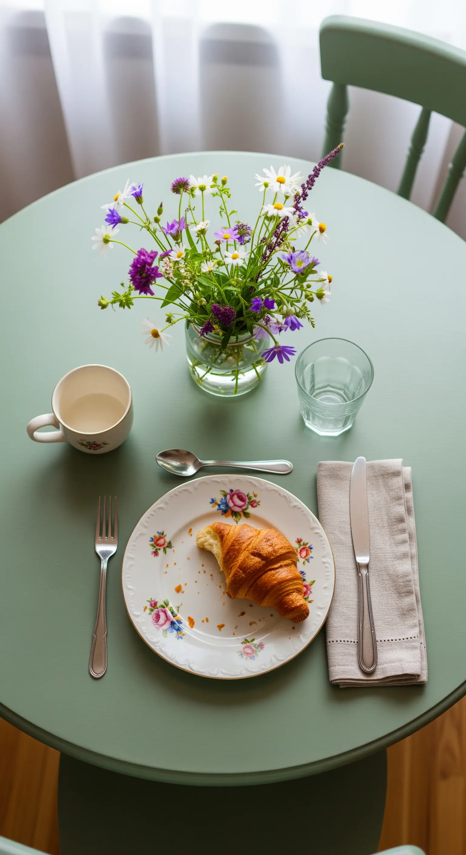 Tavolo verde con piatto floreale, croissant e un bouquet di fiori di campo.