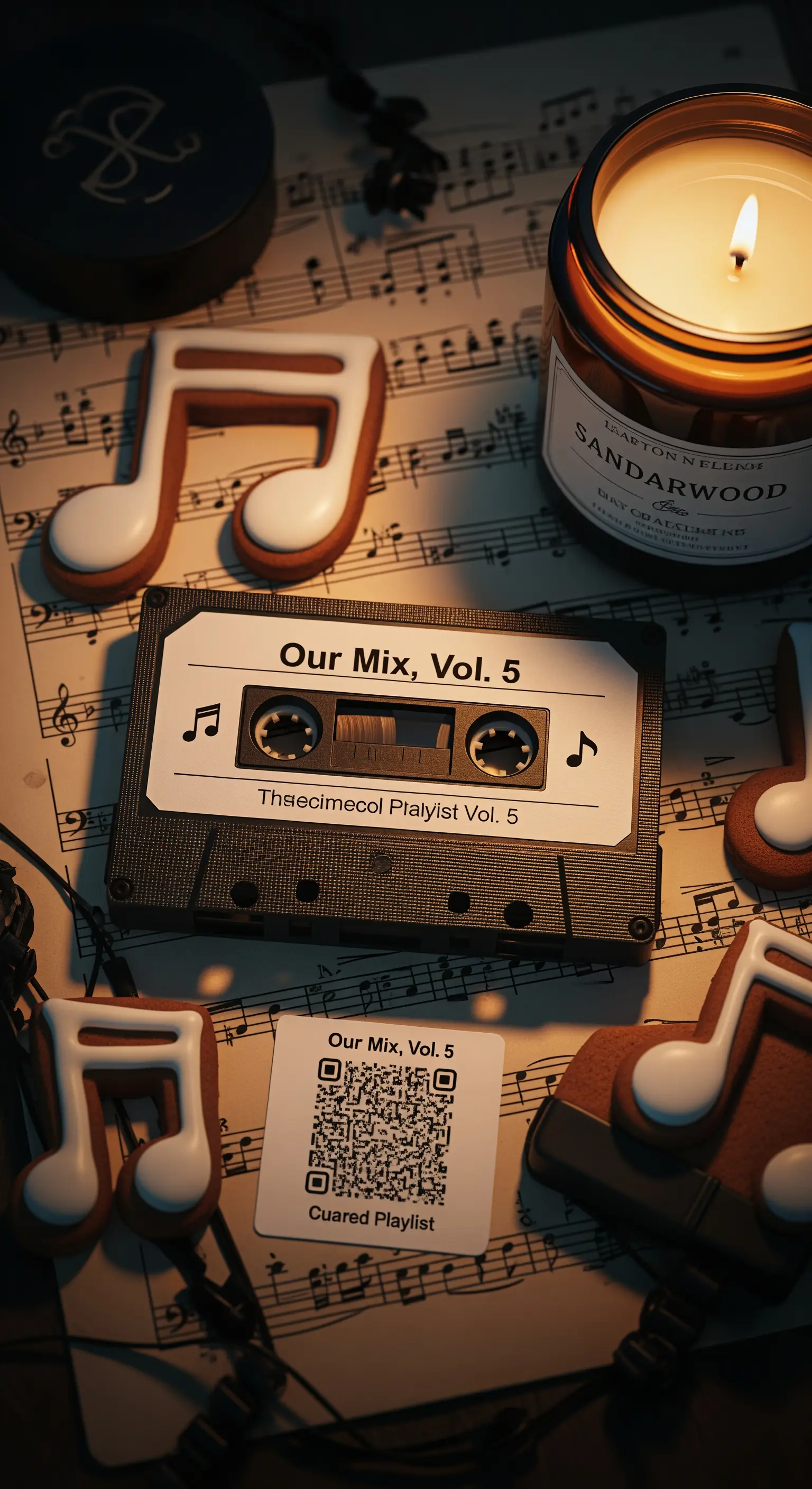 Musicassetta personalizzata con codice QR per playlist, biscotti a tema e una candela accesa.