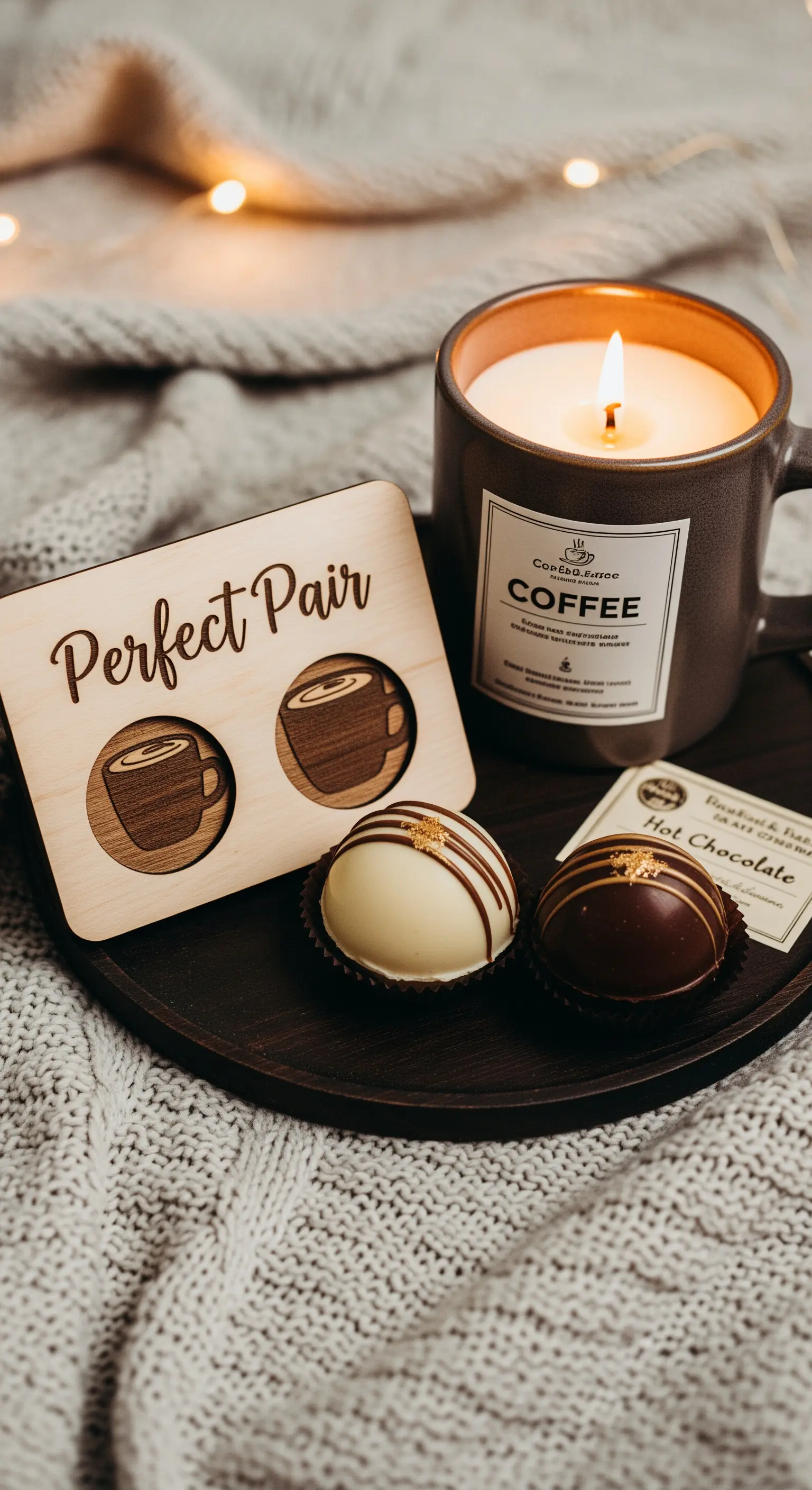 Regalo a tema caffè con candela, bombe di cioccolata e sottobicchiere in legno personalizzato.