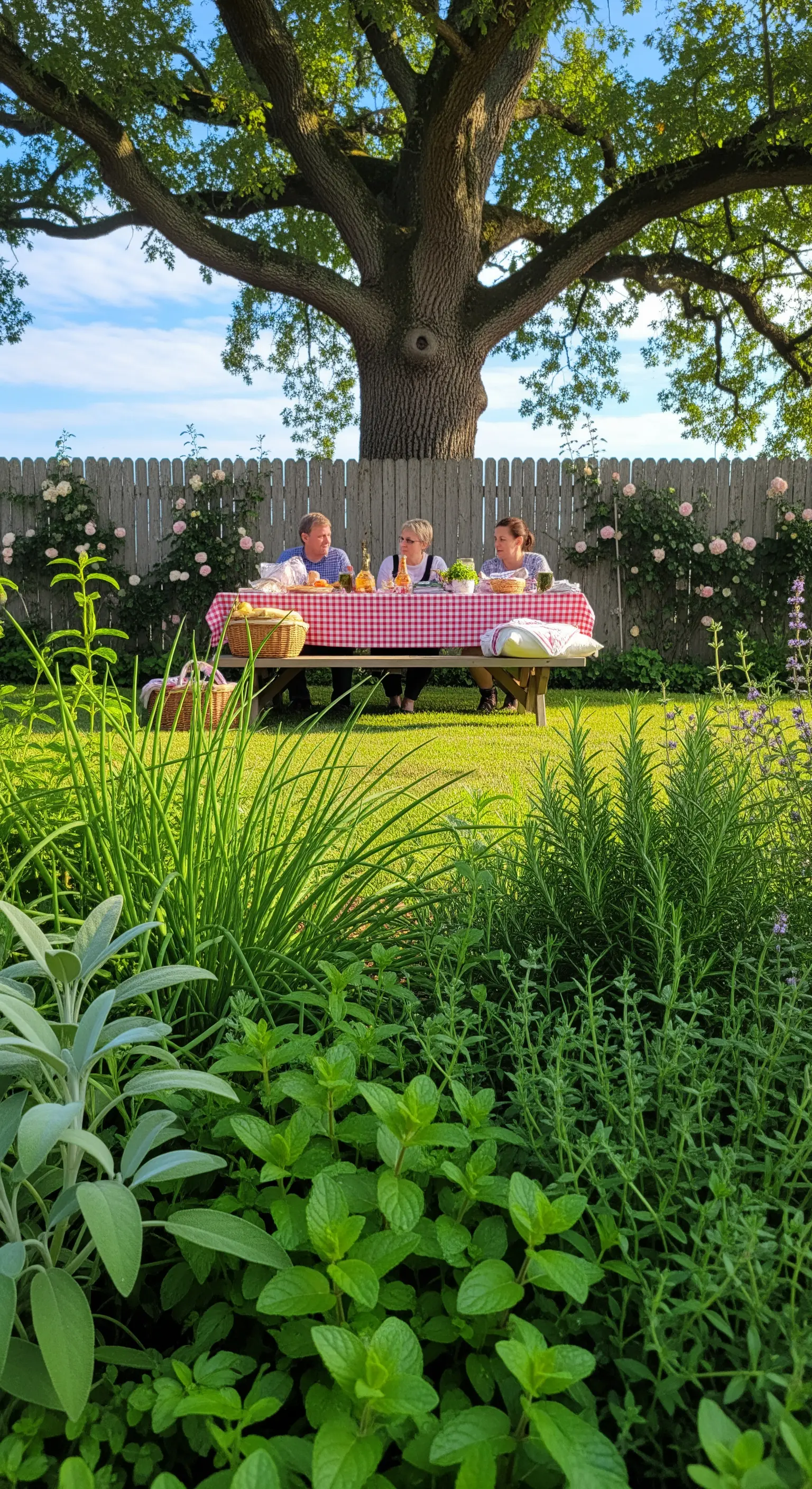 Famiglia a un tavolo da picnic vista attraverso un primo piano di erbe aromatiche rigogliose.
