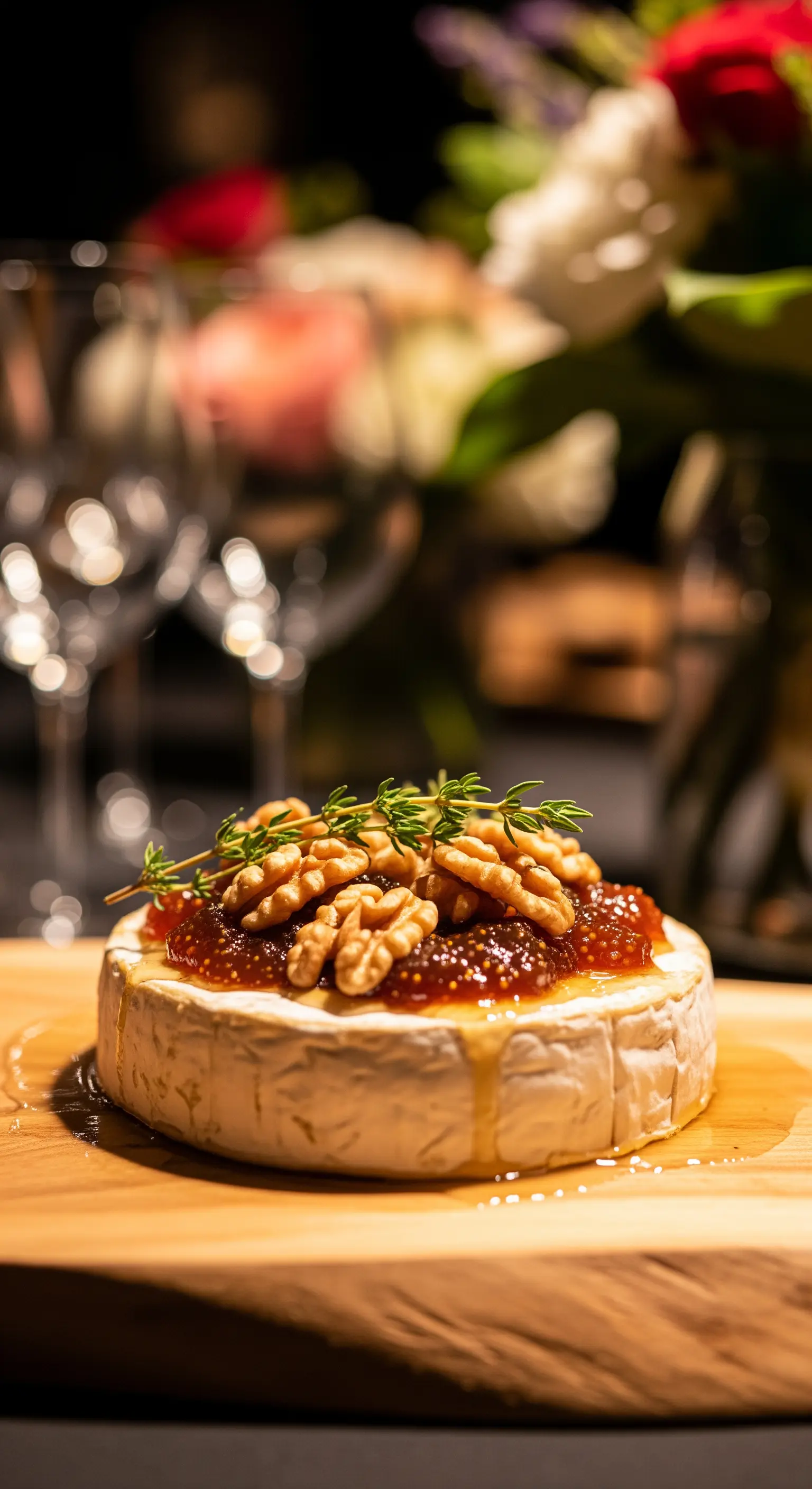 Forma di Camembert decorata con confettura di fichi, noci e timo fresco.