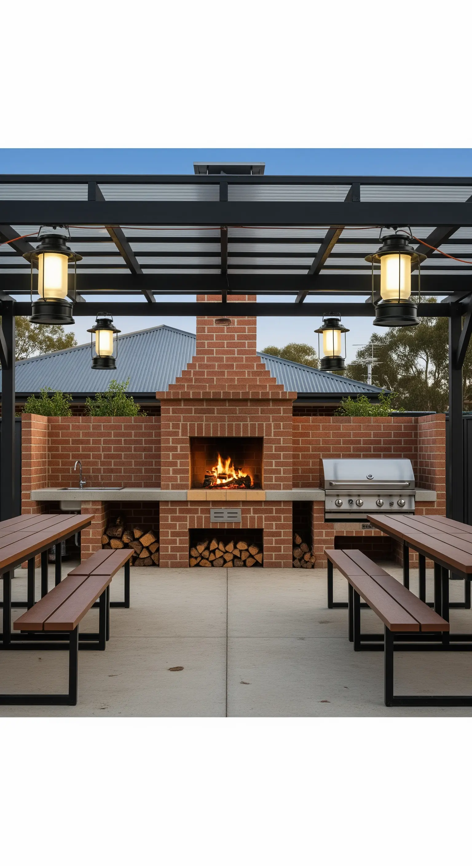 Area barbecue coperta con camino in mattoni, panche in legno e lanterne industriali.