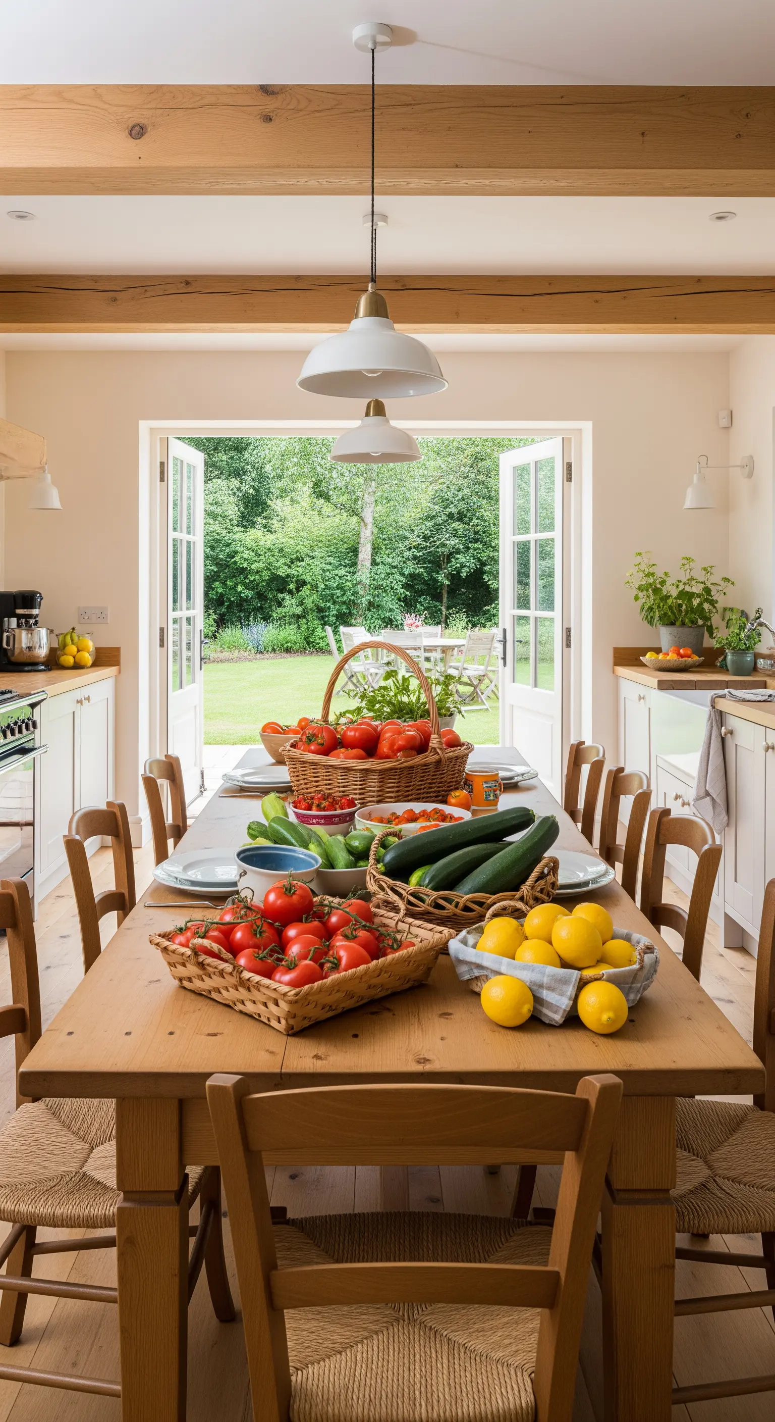 Lungo tavolo in legno apparecchiato con cesti di verdure fresche, di fronte al giardino.