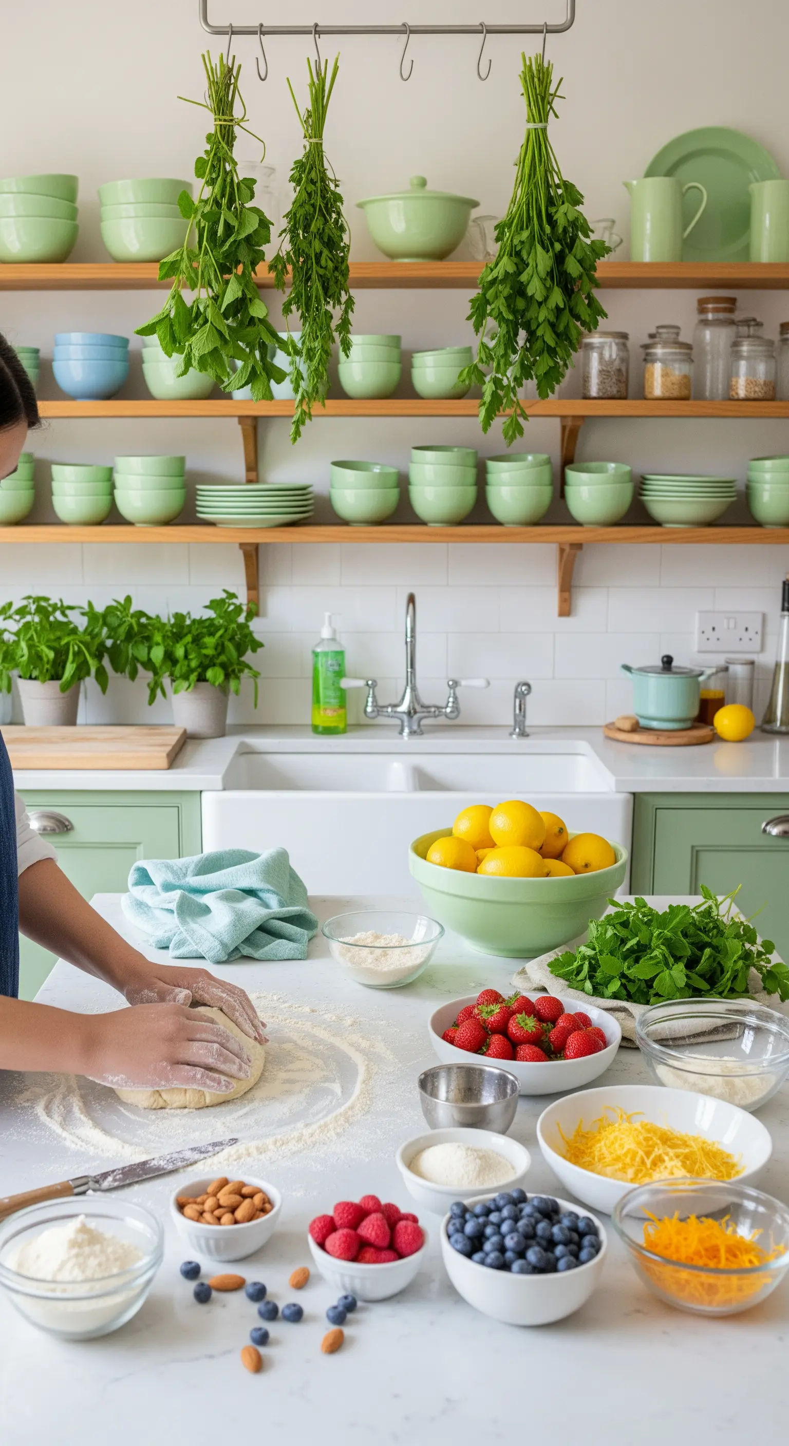 Cucina luminosa con mensole a vista piene di stoviglie verdi ed erbe aromatiche appese.