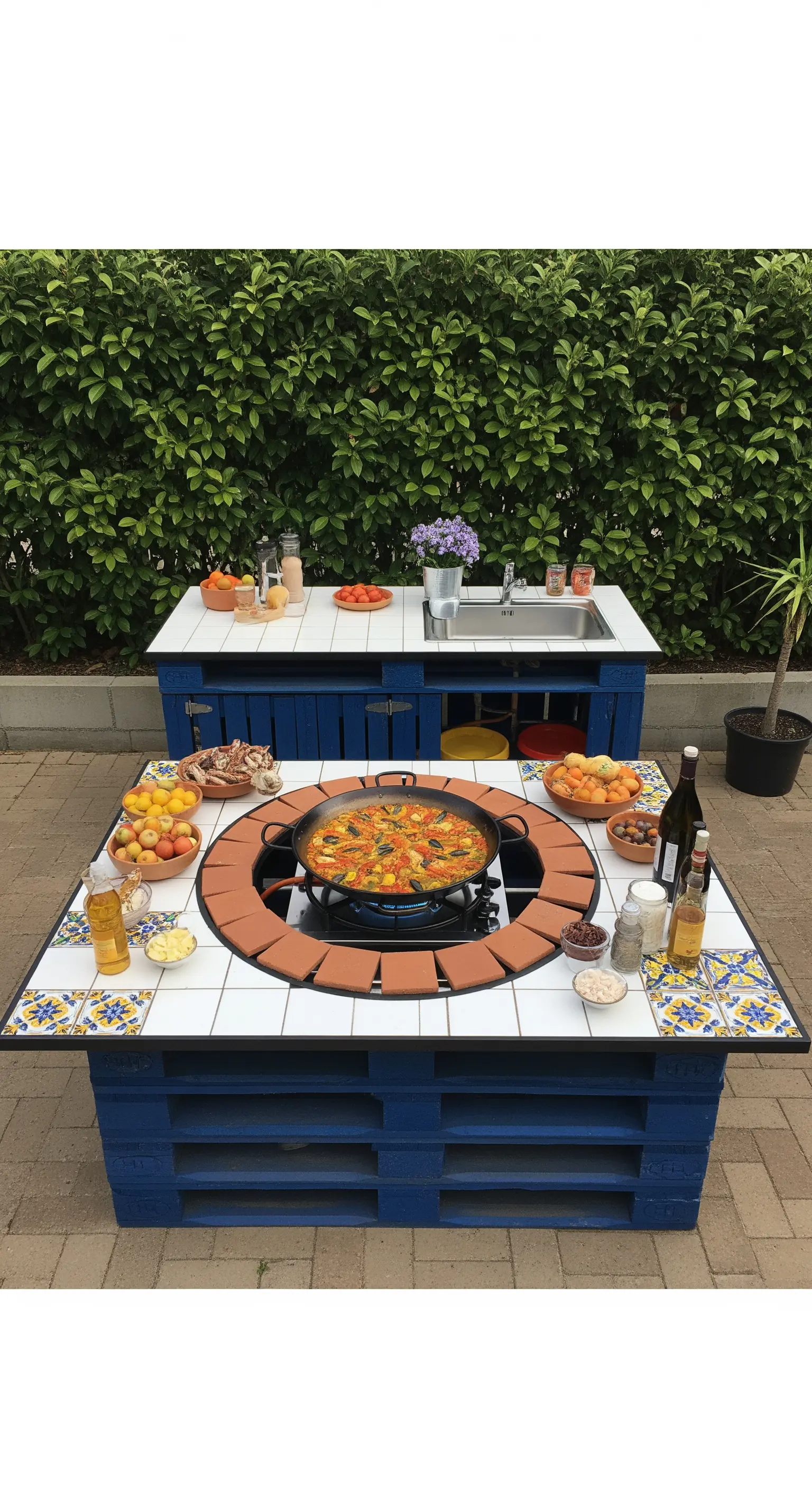Allestimento per feste con tavolo da pranzo con cottura centrale e bancone di servizio separato.