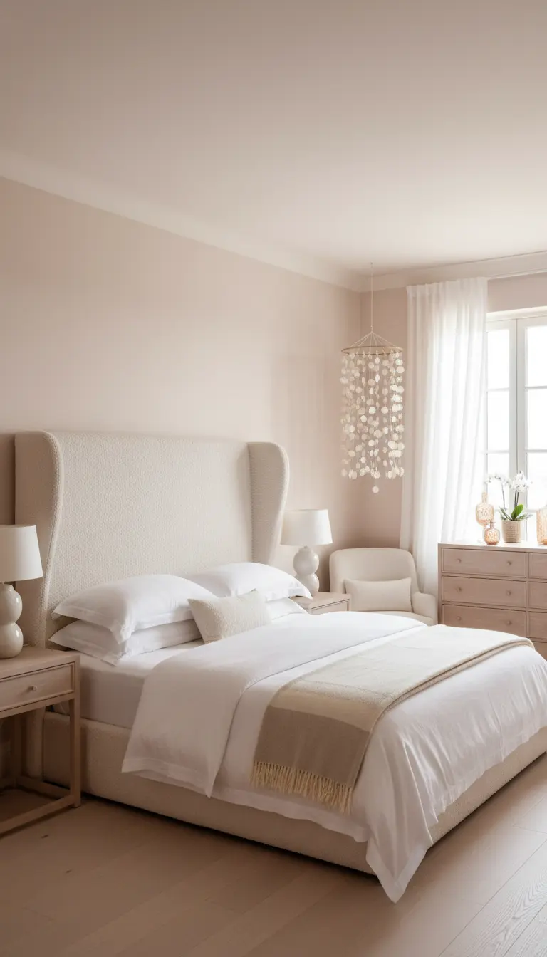 Camera da letto elegante con pareti rosa cipria, testiera alta imbottita e lampadario di conchiglie.