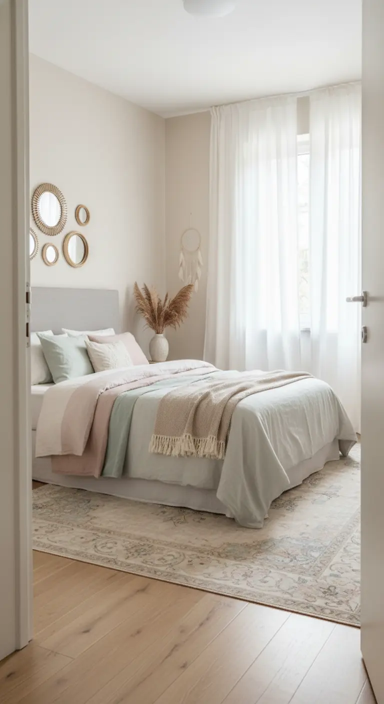 Camera da letto con colori pastello, specchi rotondi e tende leggere.