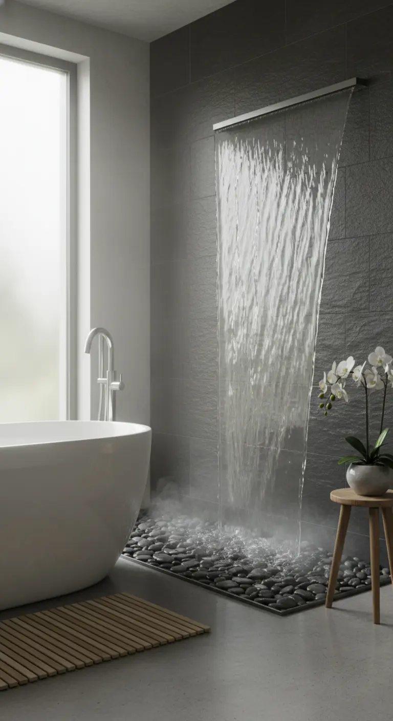 Bagno moderno con doccia a cascata, parete in ardesia grigia e pavimento di ciottoli neri.
