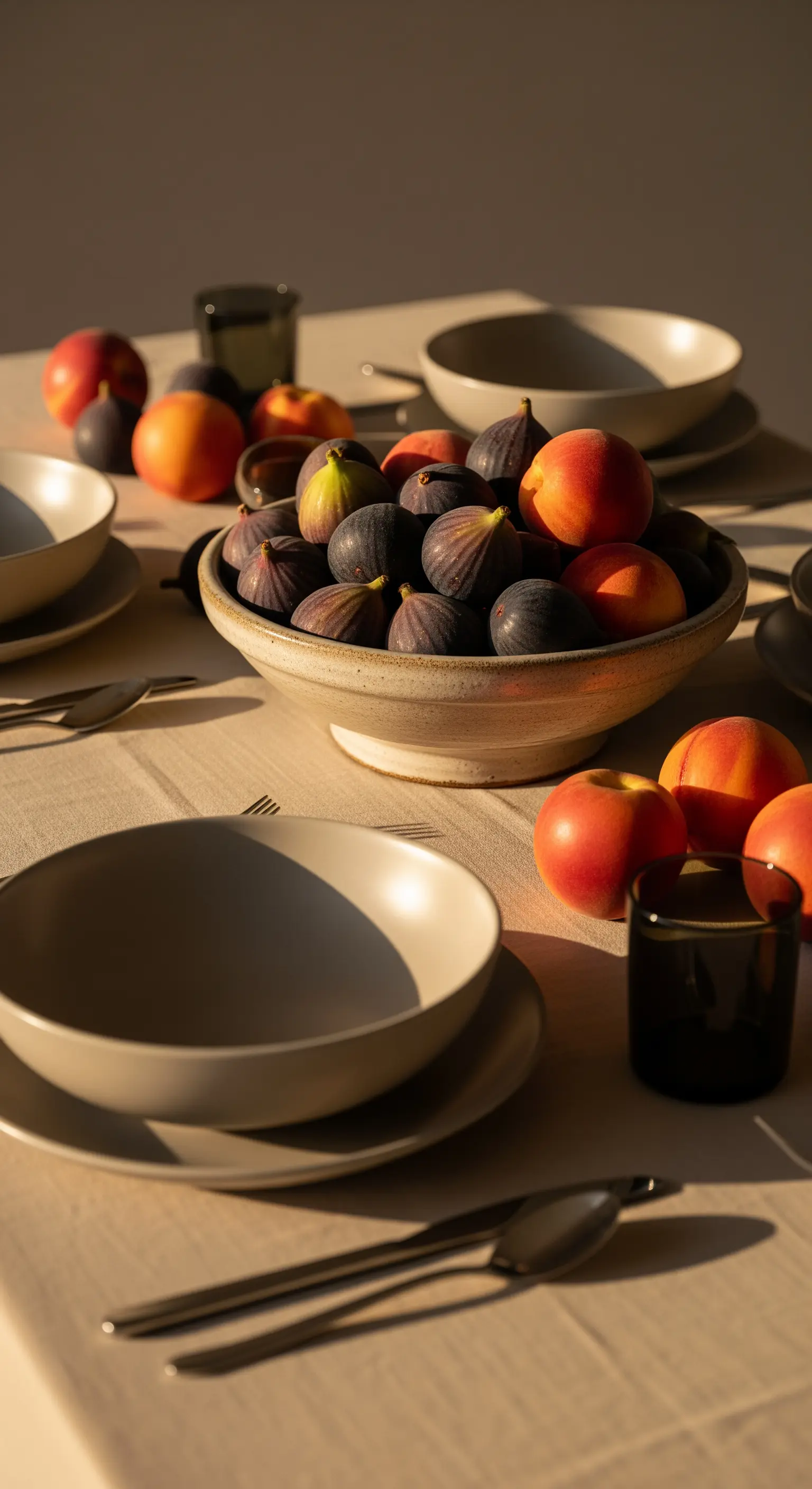 Tavola color sabbia con una ciotola di ceramica colma di fichi e pesche