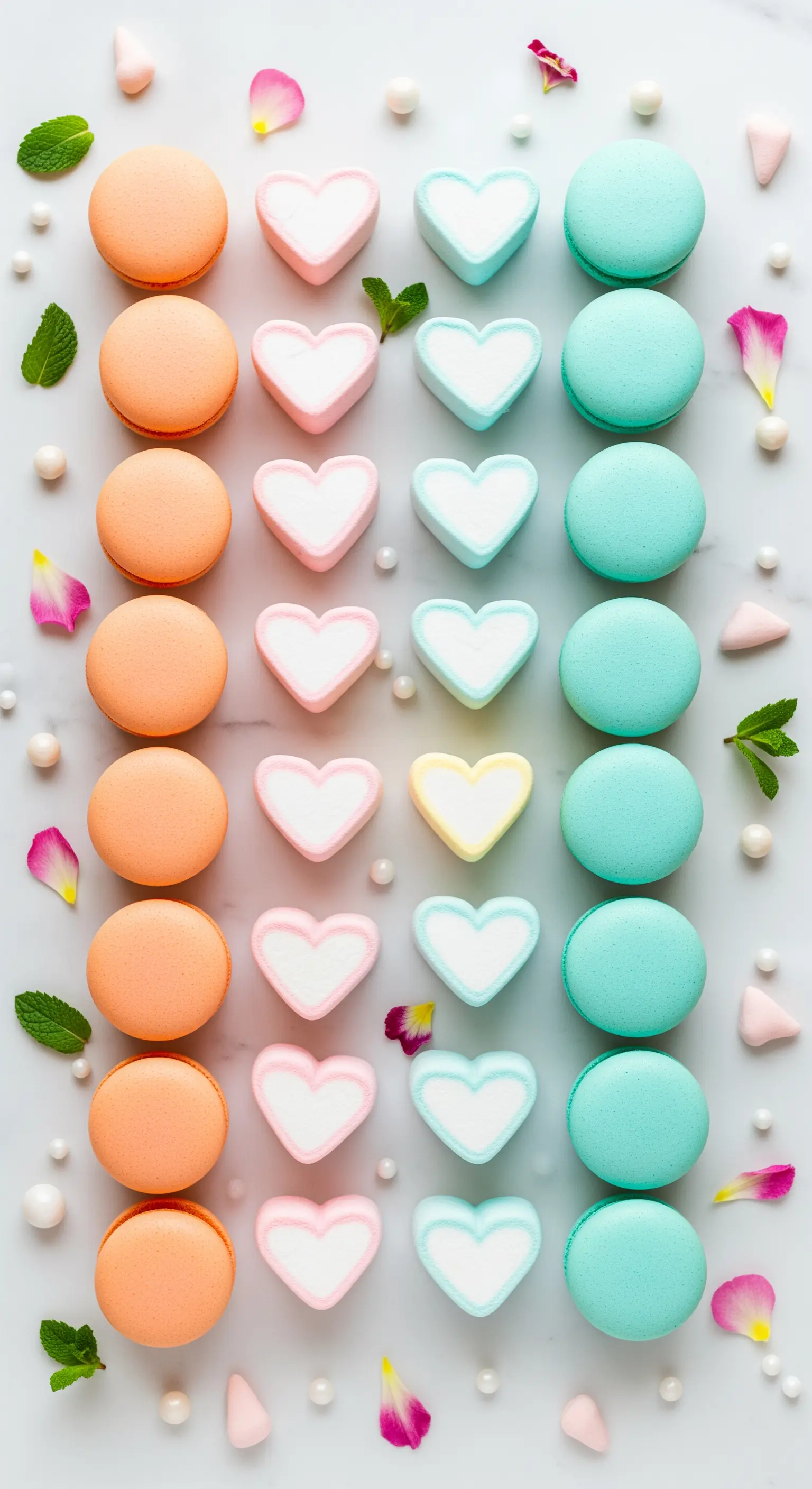 Flat lay di macarons e marshmallow a cuore disposti in file ordinate per colore su fondo bianco.