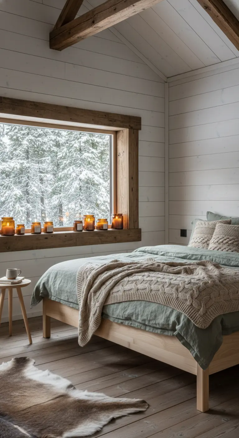 Letto in legno con vista sulla neve e una fila di candele ambrate sul davanzale della finestra.