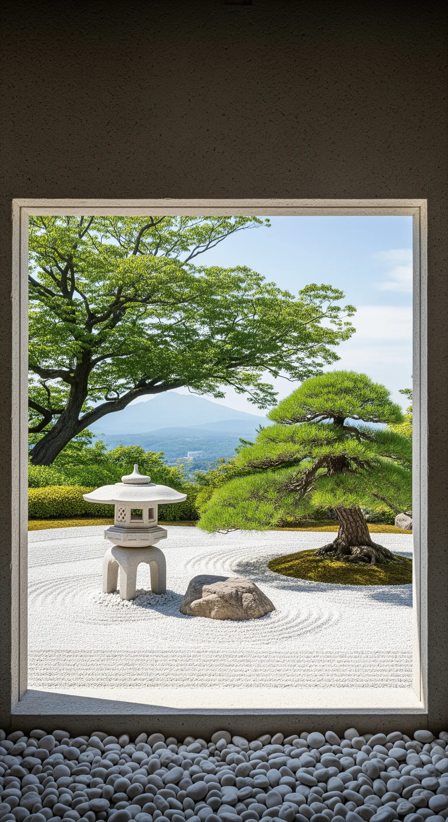 Vista di un giardino zen e di un paesaggio montuoso attraverso una grande finestra quadrata