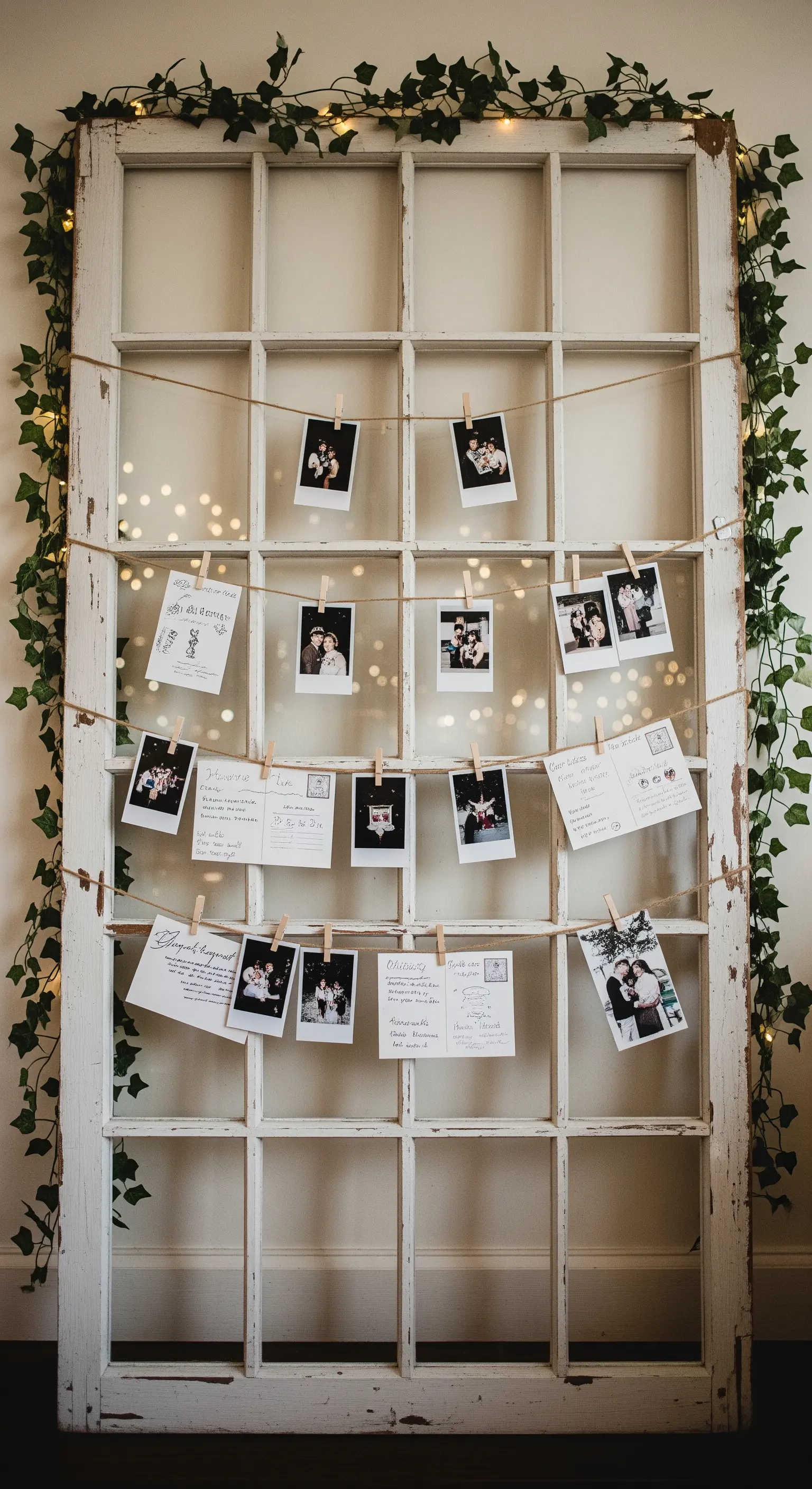 Vecchio telaio di una finestra decorato con lucine, usato per appendere polaroid e cartoline.