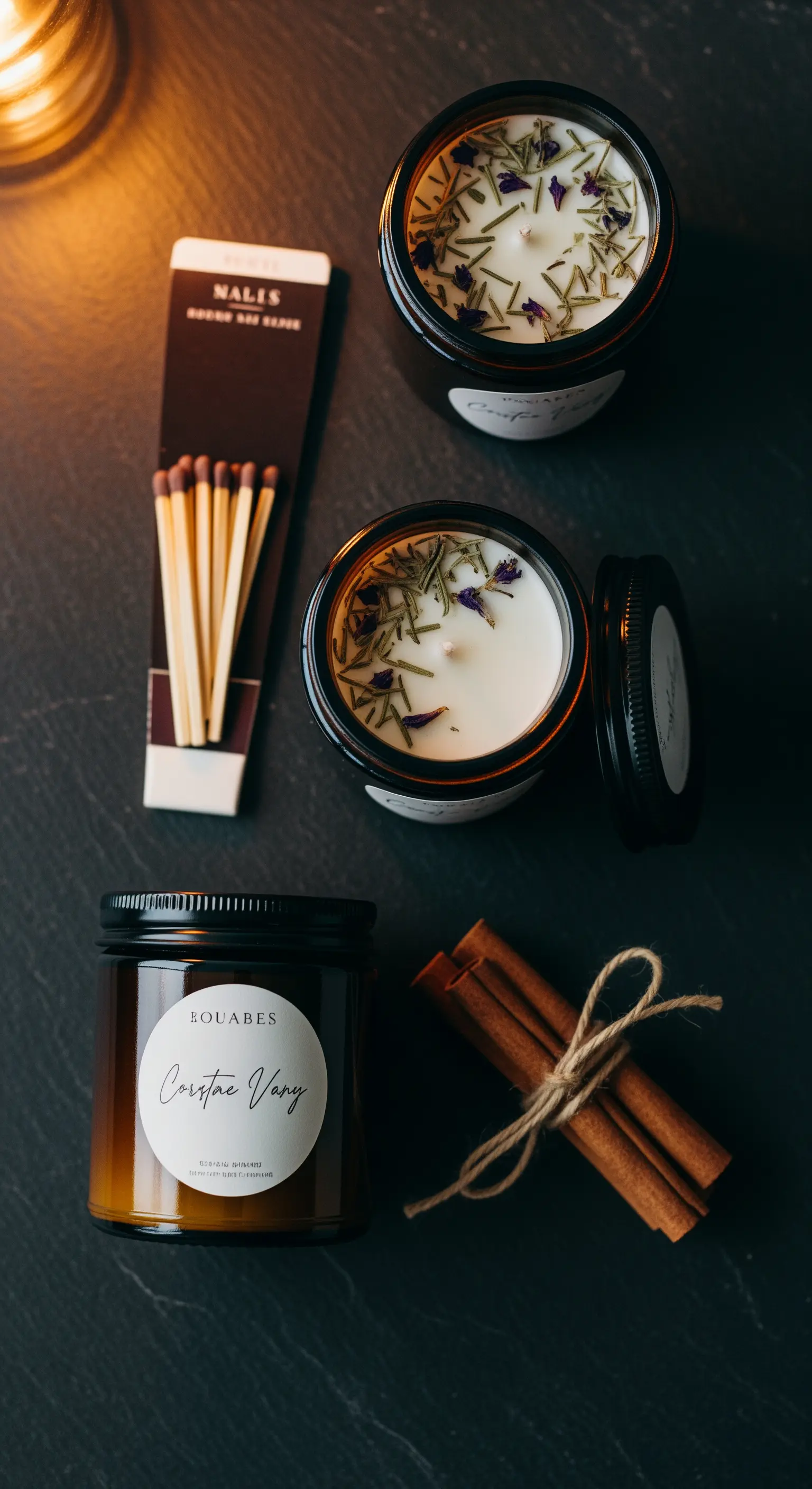 Candele profumate in vasetti di vetro scuro, decorate con erbe e spezie essiccate.