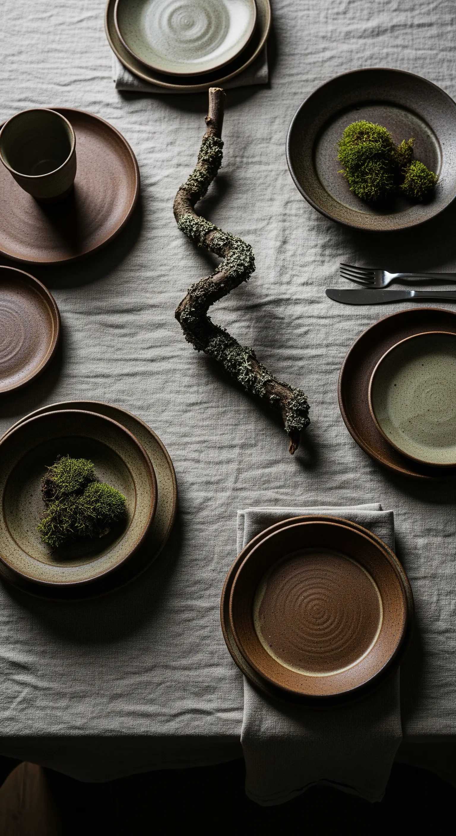 Tavola materica con piatti in ceramica, muschio e un ramo secco come centrotavola