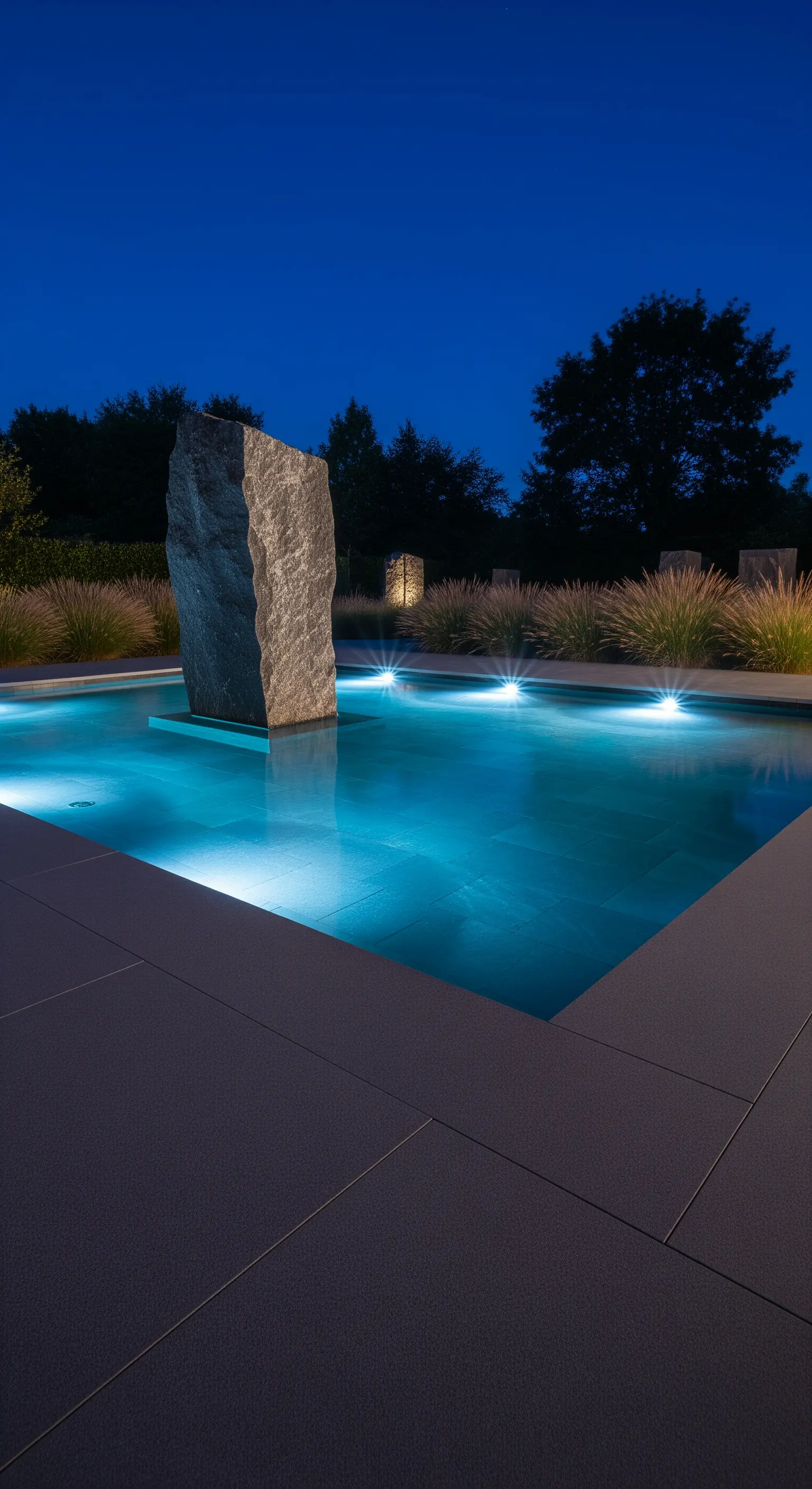 Monolito di granito grezzo al centro di una piscina minimalista illuminata di notte.
