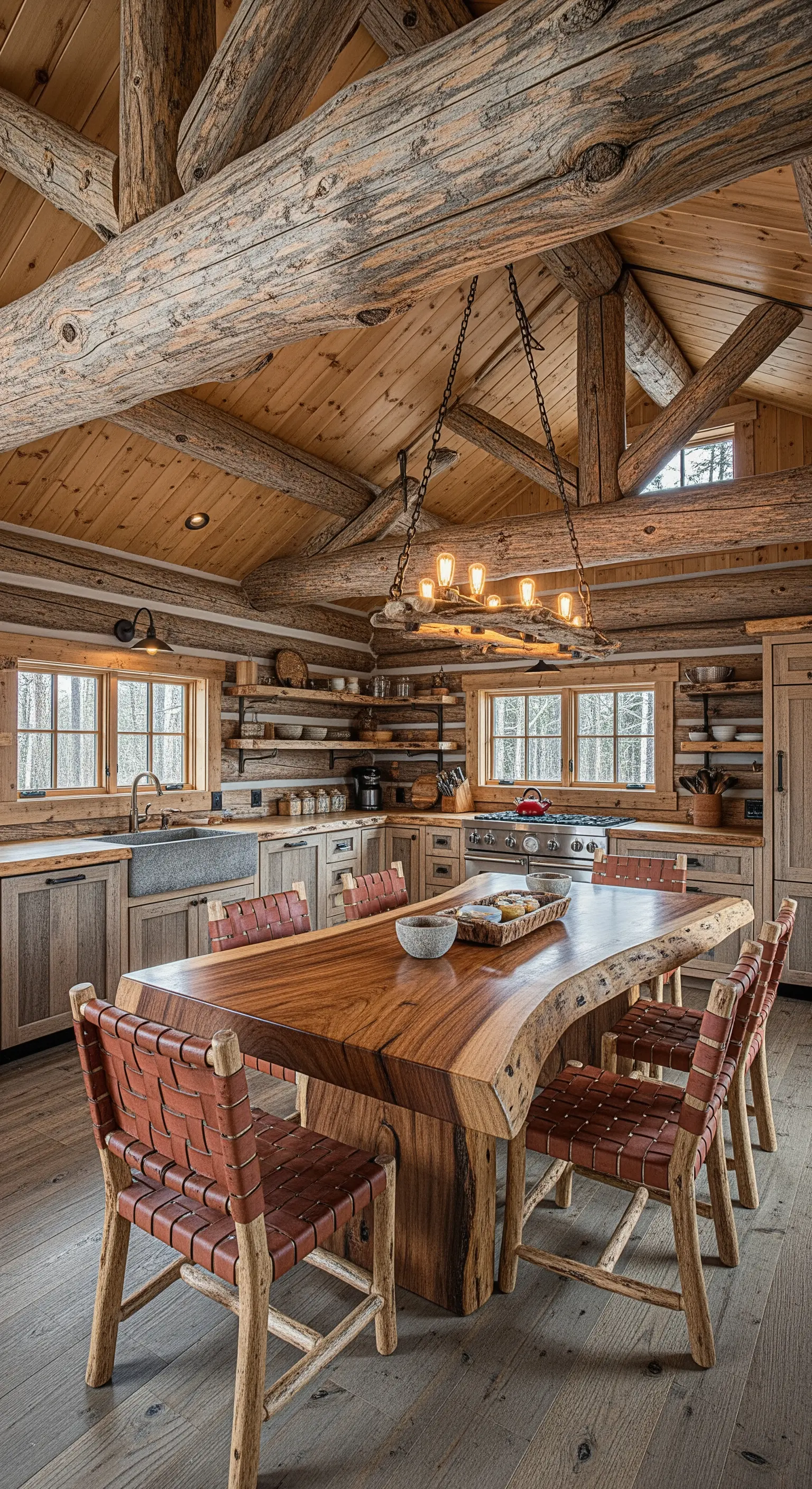 Cucina in una baita di tronchi con tavolo in legno massiccio e travi grezze.