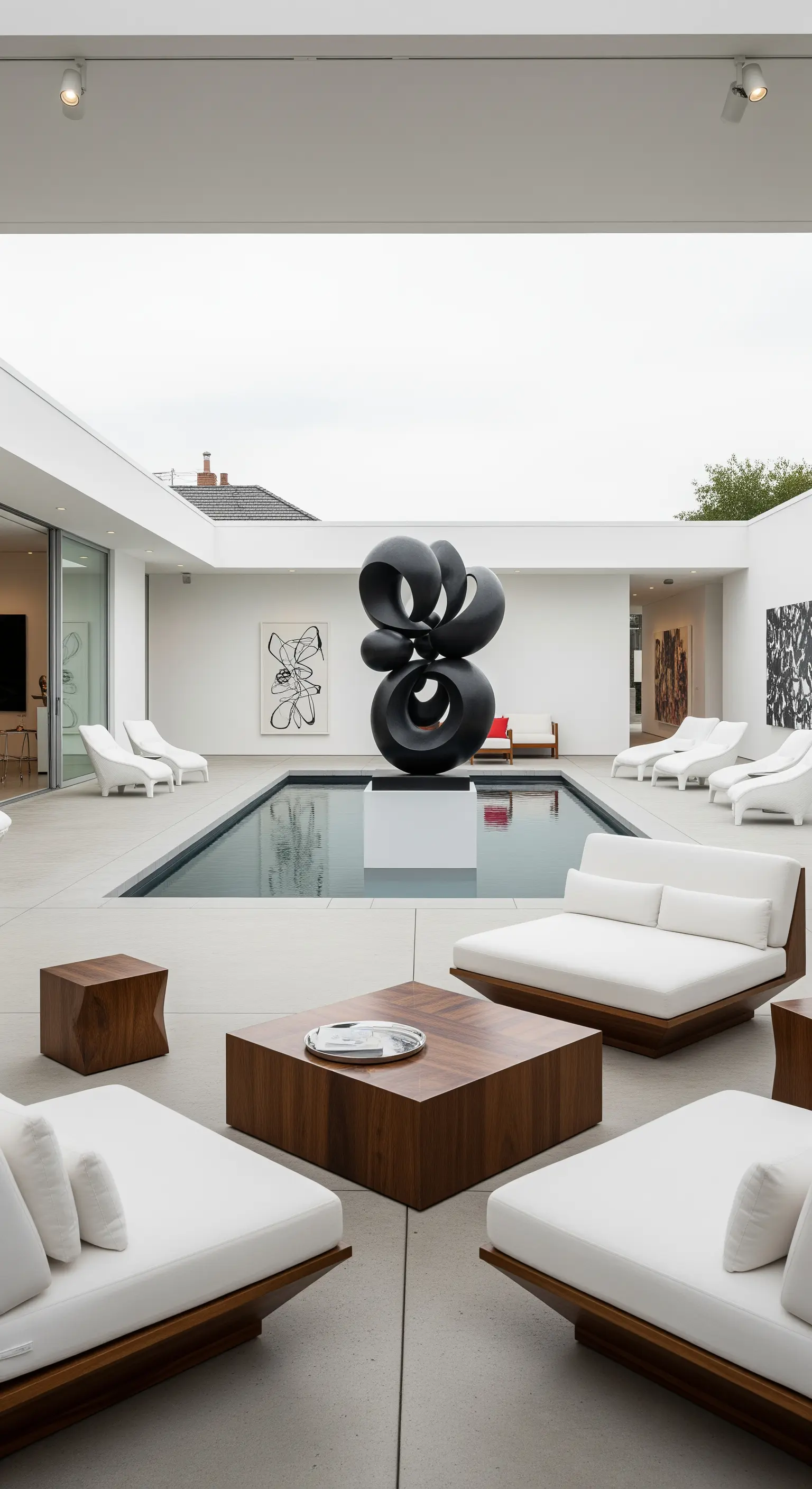 Patio bianco con piscina, scultura astratta nera e divani modulari bassi in legno