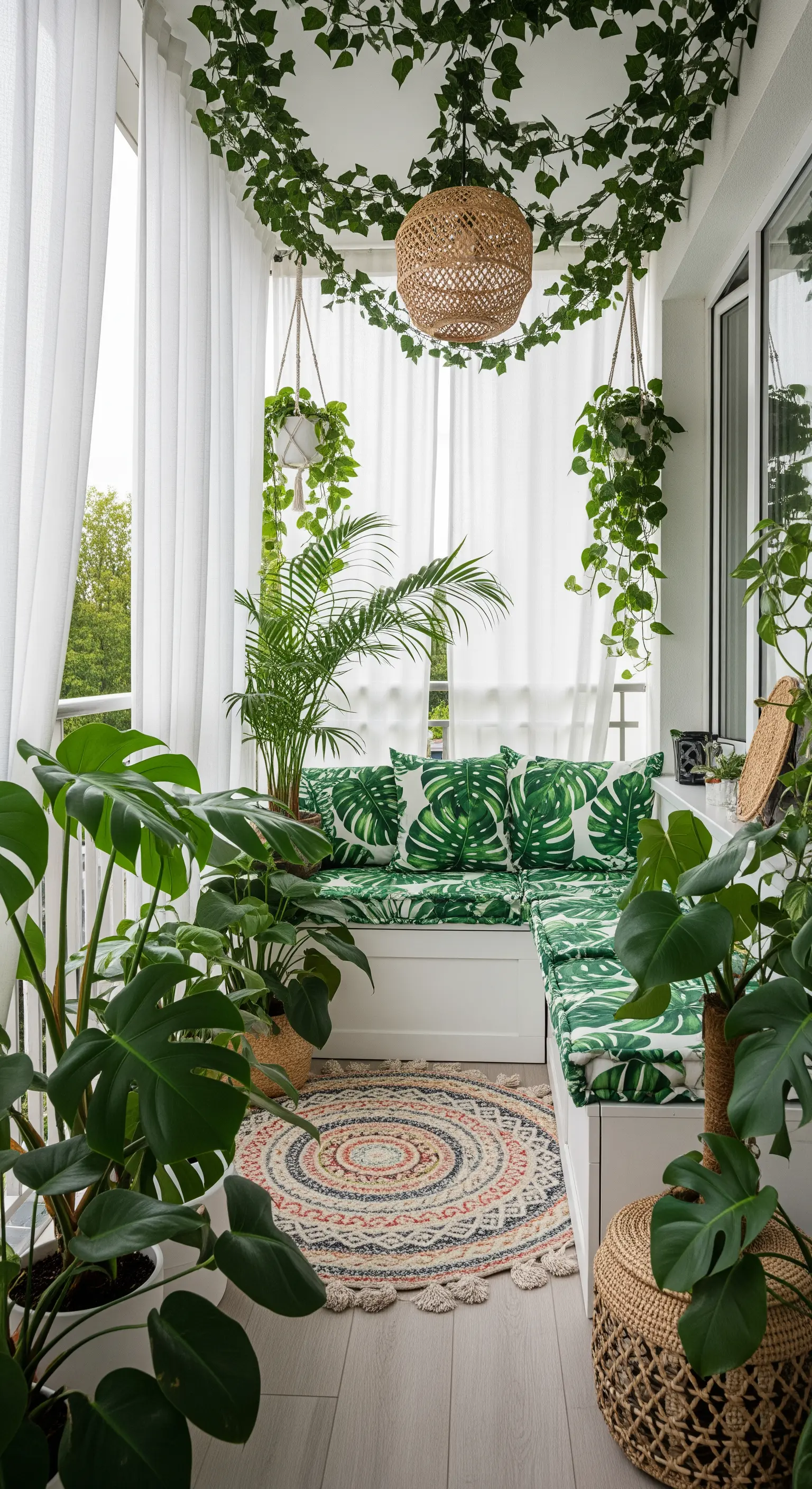 Balcone stretto trasformato in giungla urbana con piante, cuscini a foglia e tappeto rotondo.