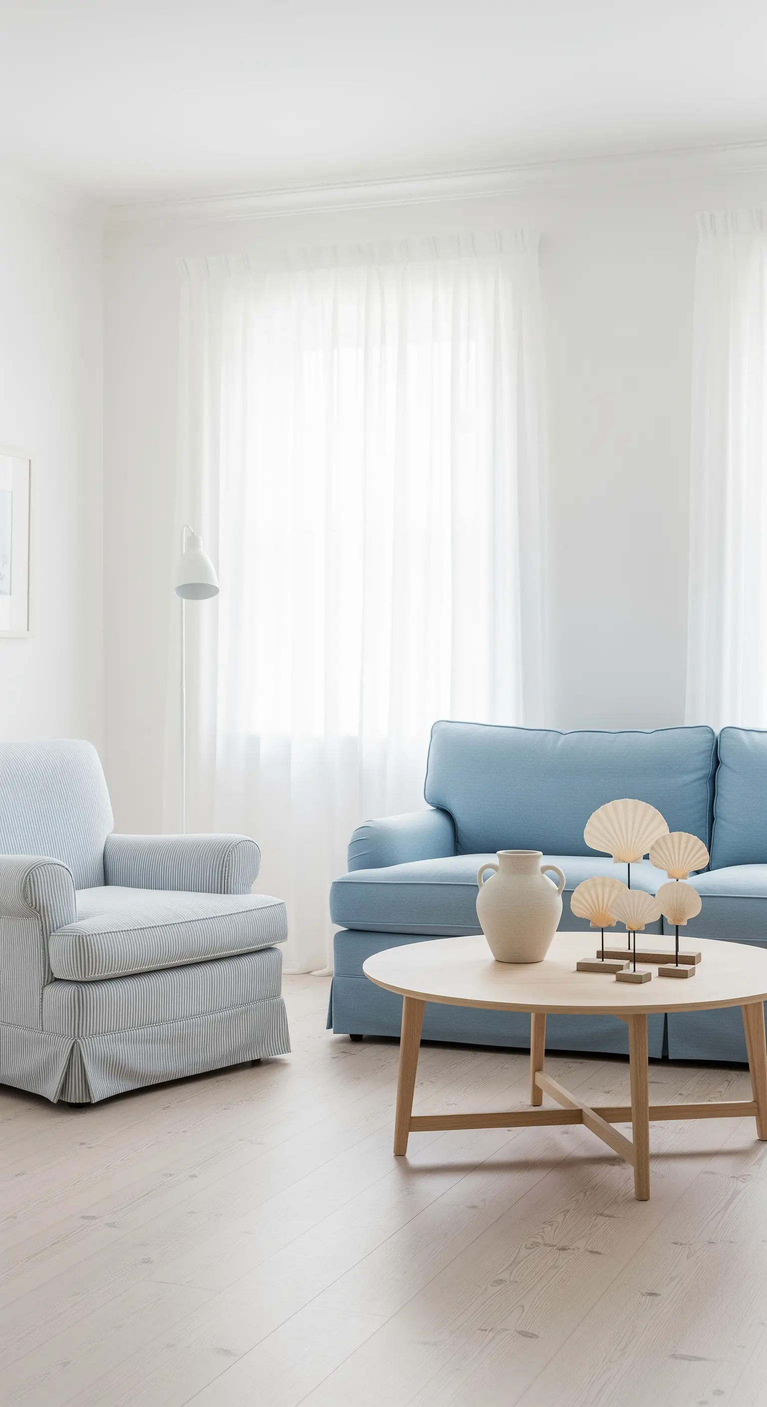 Soggiorno minimal con divano azzurro e poltrona a righe sottili.