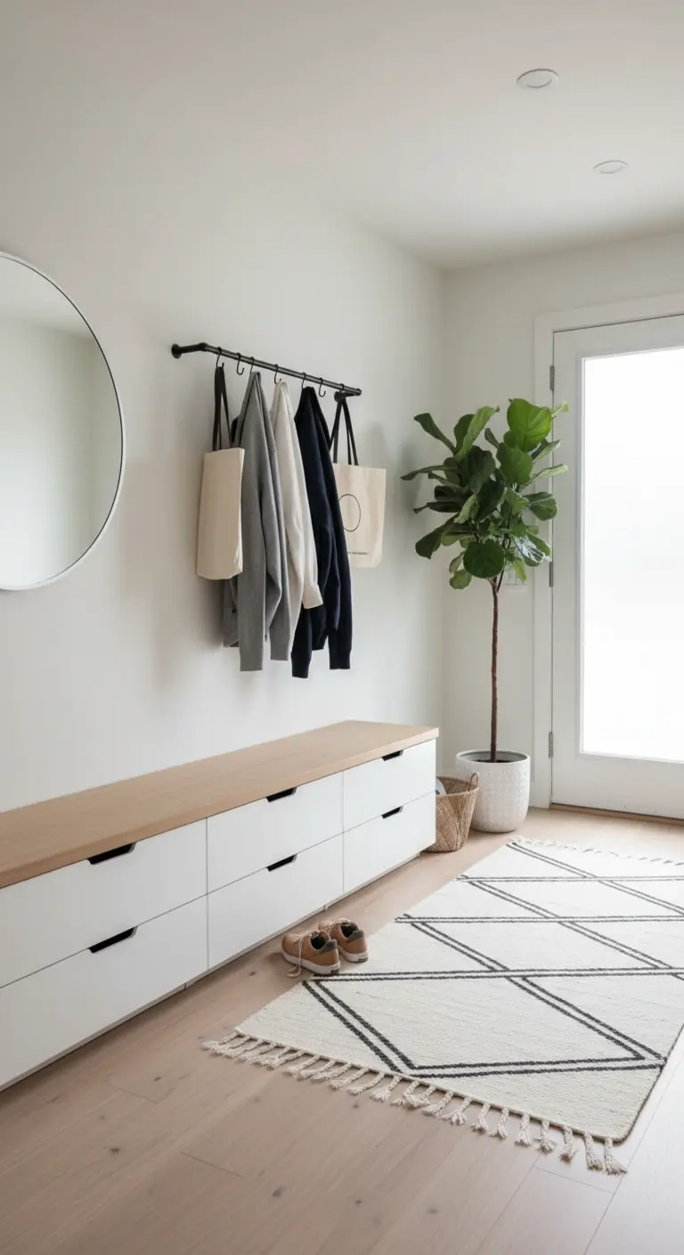 Panca bianca con cassetti e top in legno, ganci neri e specchio rotondo.