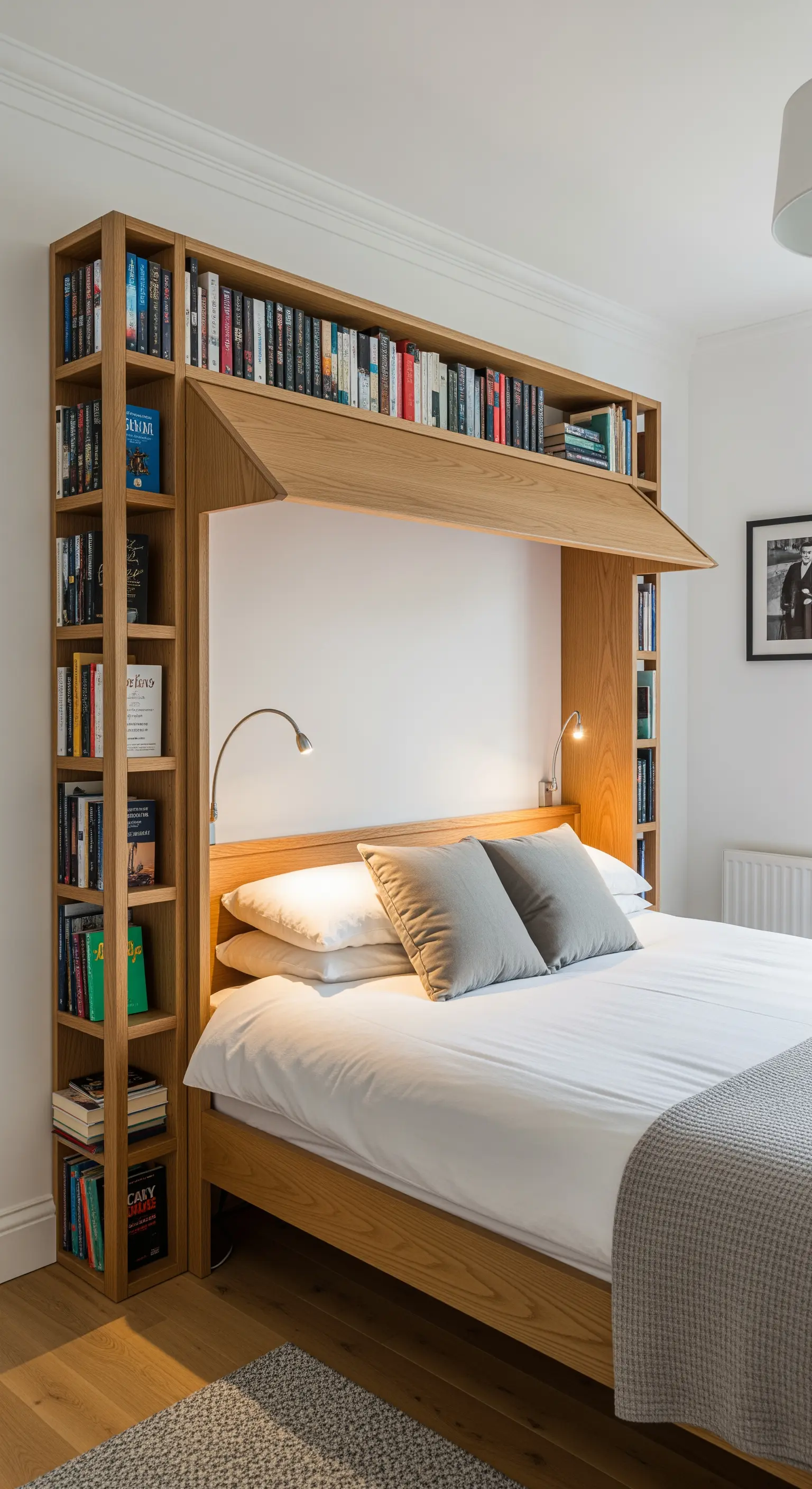 Libreria in legno a ponte sopra il letto con luci da lettura integrate.